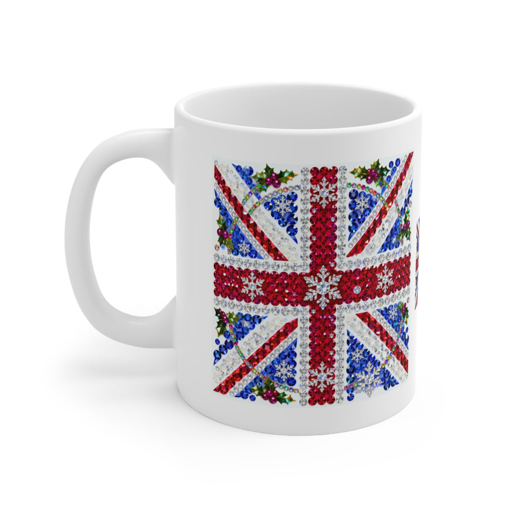 Jewelled Union Jack Christmas mug with gemstone-style flag and holly