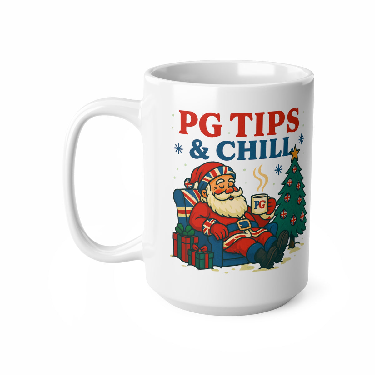 PG Tips and Chill Christmas mug with Santa in a Union Jack armchair, photo 2