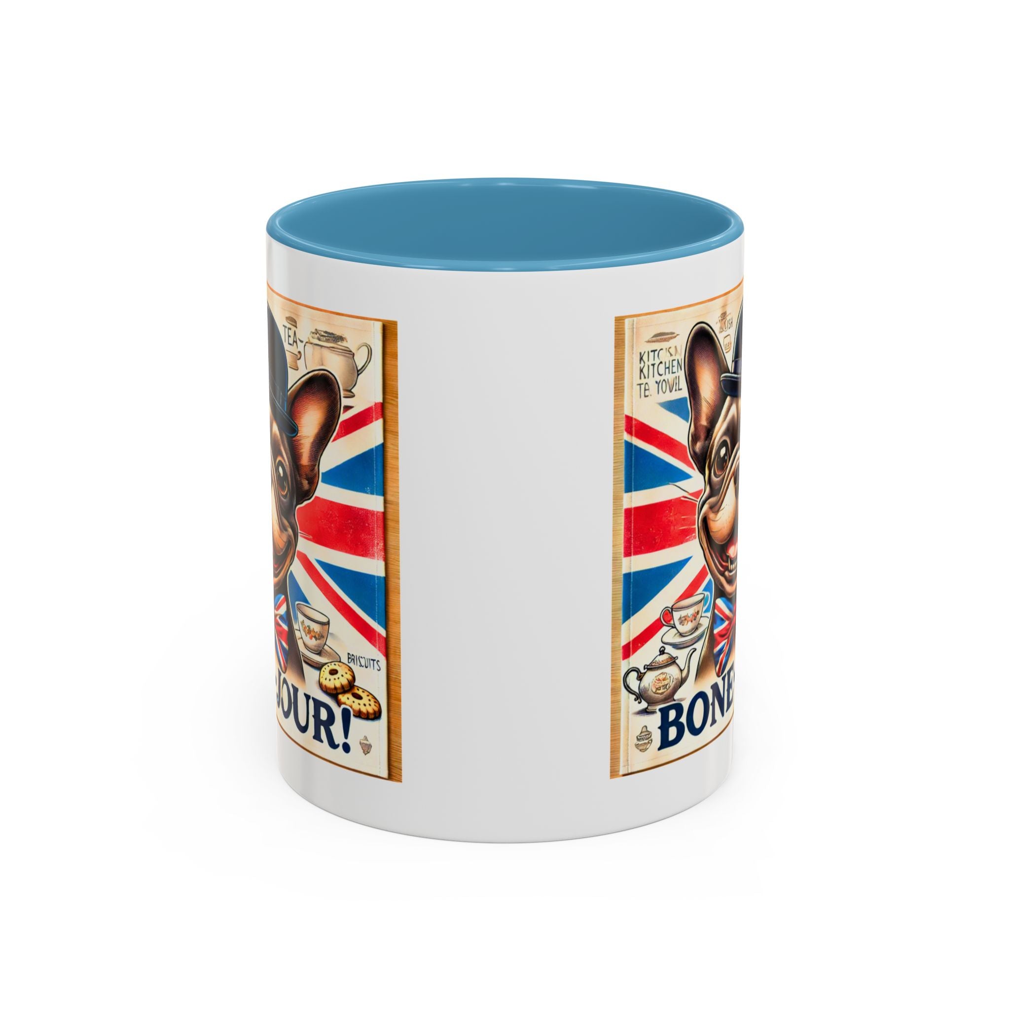Bone-Jour Frenchie Mug | Funny Dog Lover Accent Coffee Cup | Cute French Bulldog Gift | Whimsical Patriotic Tea Mug | British Kitchen Decor