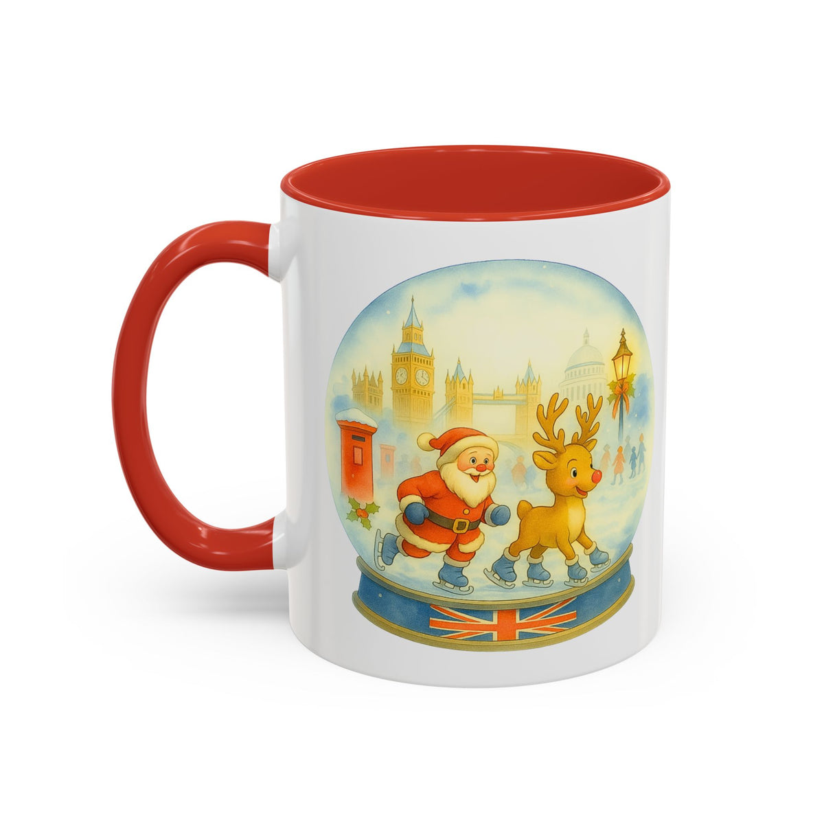 Santa and Rudolph ice skating London snowglobe Christmas mug