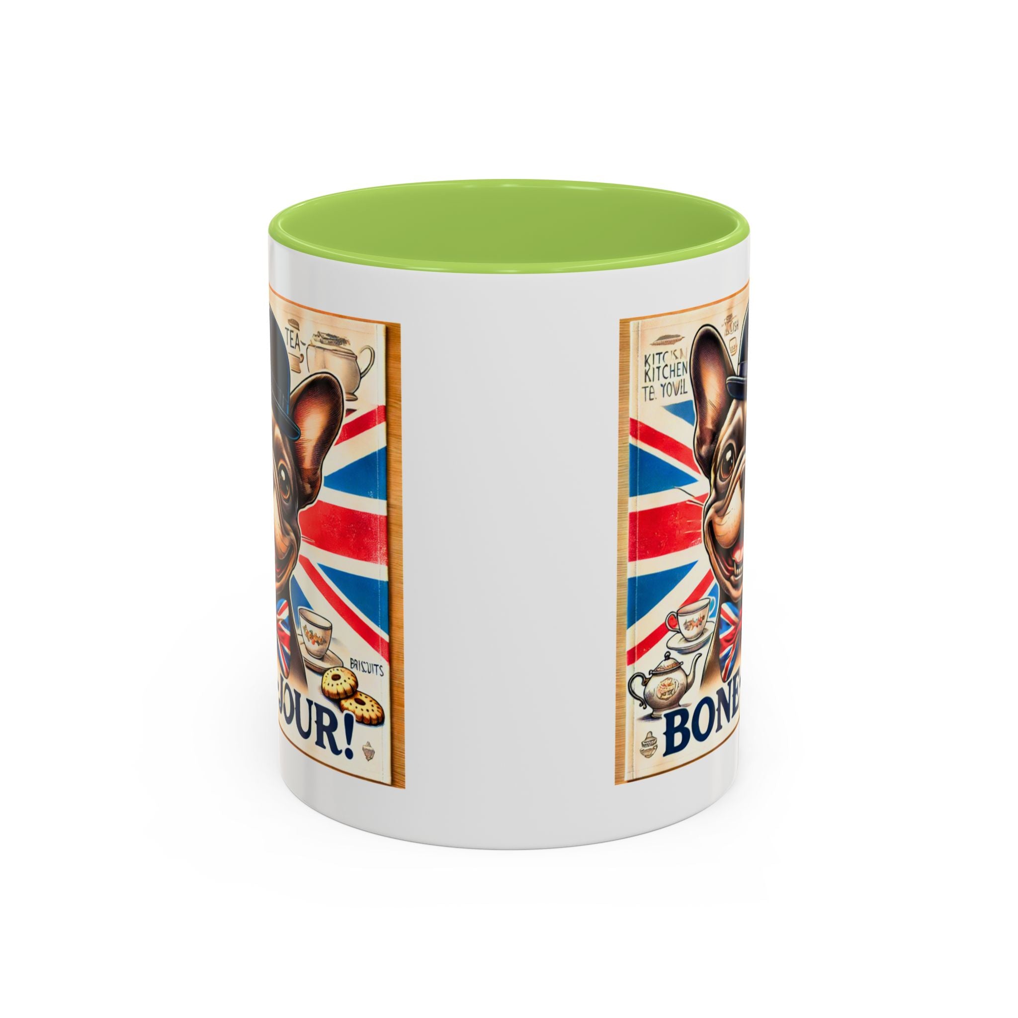 Bone-Jour Frenchie Mug | Funny Dog Lover Accent Coffee Cup | Cute French Bulldog Gift | Whimsical Patriotic Tea Mug | British Kitchen Decor