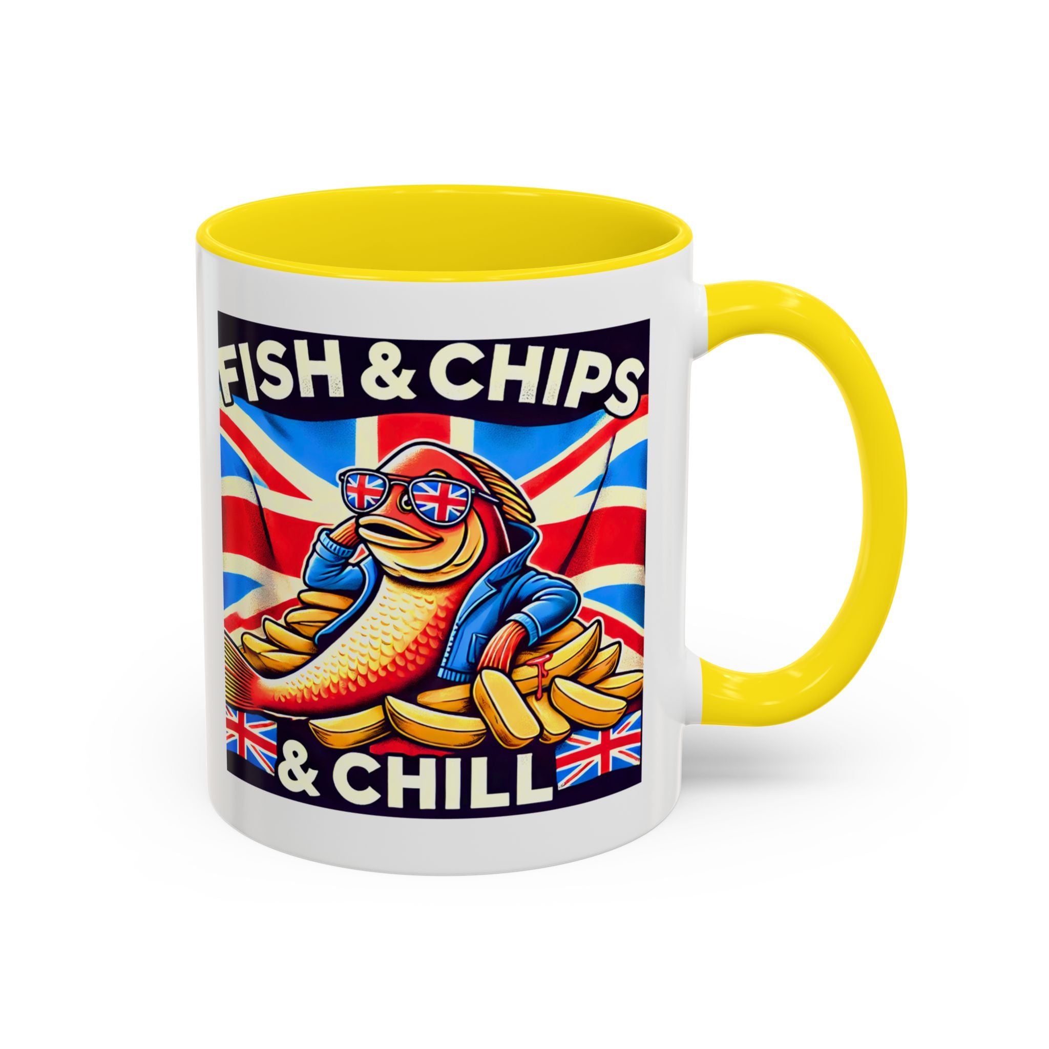 Fish & Chips n Chill Mug | Funny British Coffee Cup | Foodie Gift | Quirky UK Tea Mug | Accent Coffee Cup for Home or Office