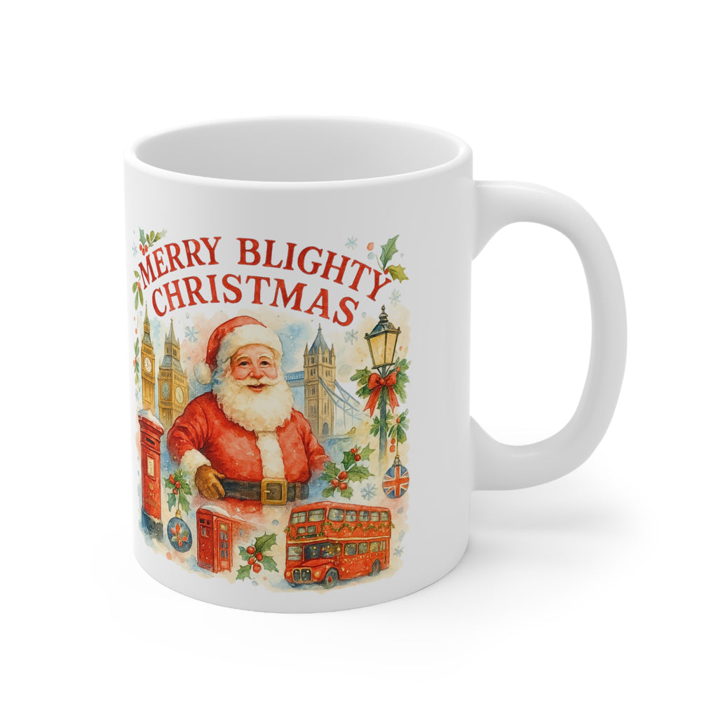 Merry Blighty Christmas Mug - Colourful Watercolour London Santa Cup | British Xmas Gift | Festive UK Holiday Mug