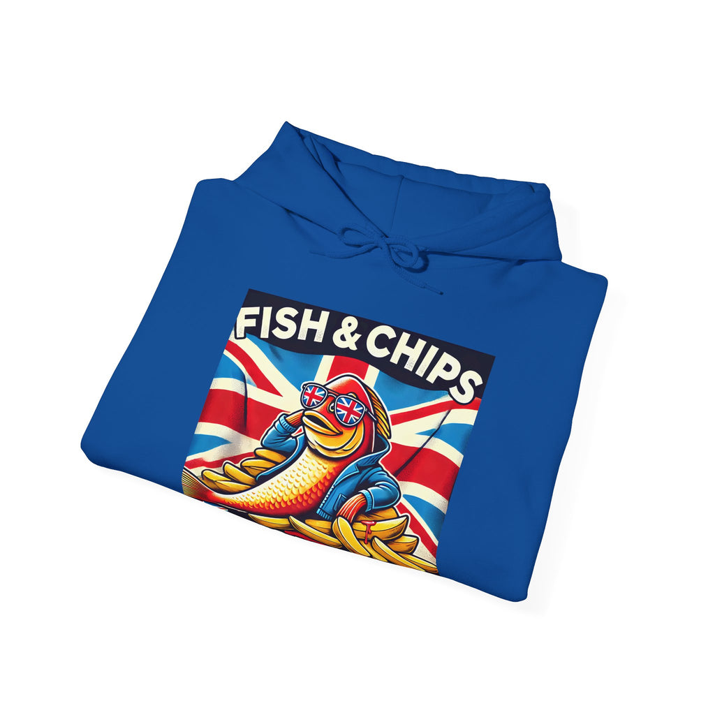 Fish & Chips n Chill Hoodie | Funny British Foodie Sweatshirt | Cozy Stylish UK Banter Wear | Gift for Food Lovers and Chippy Fans