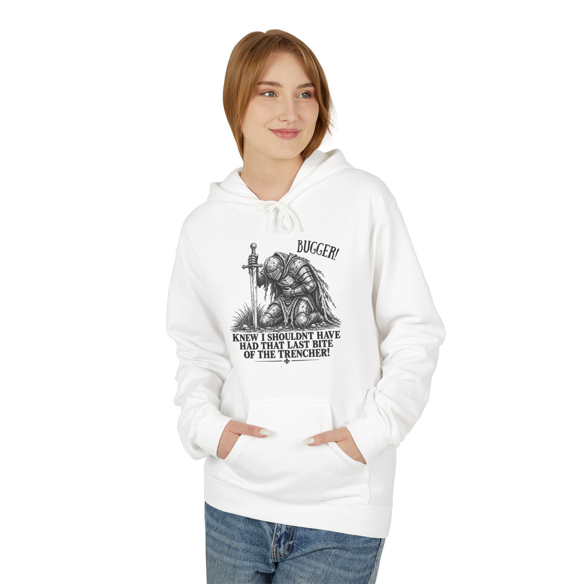 Funny medieval knight Bugger extra ale white hoodie, photo 3