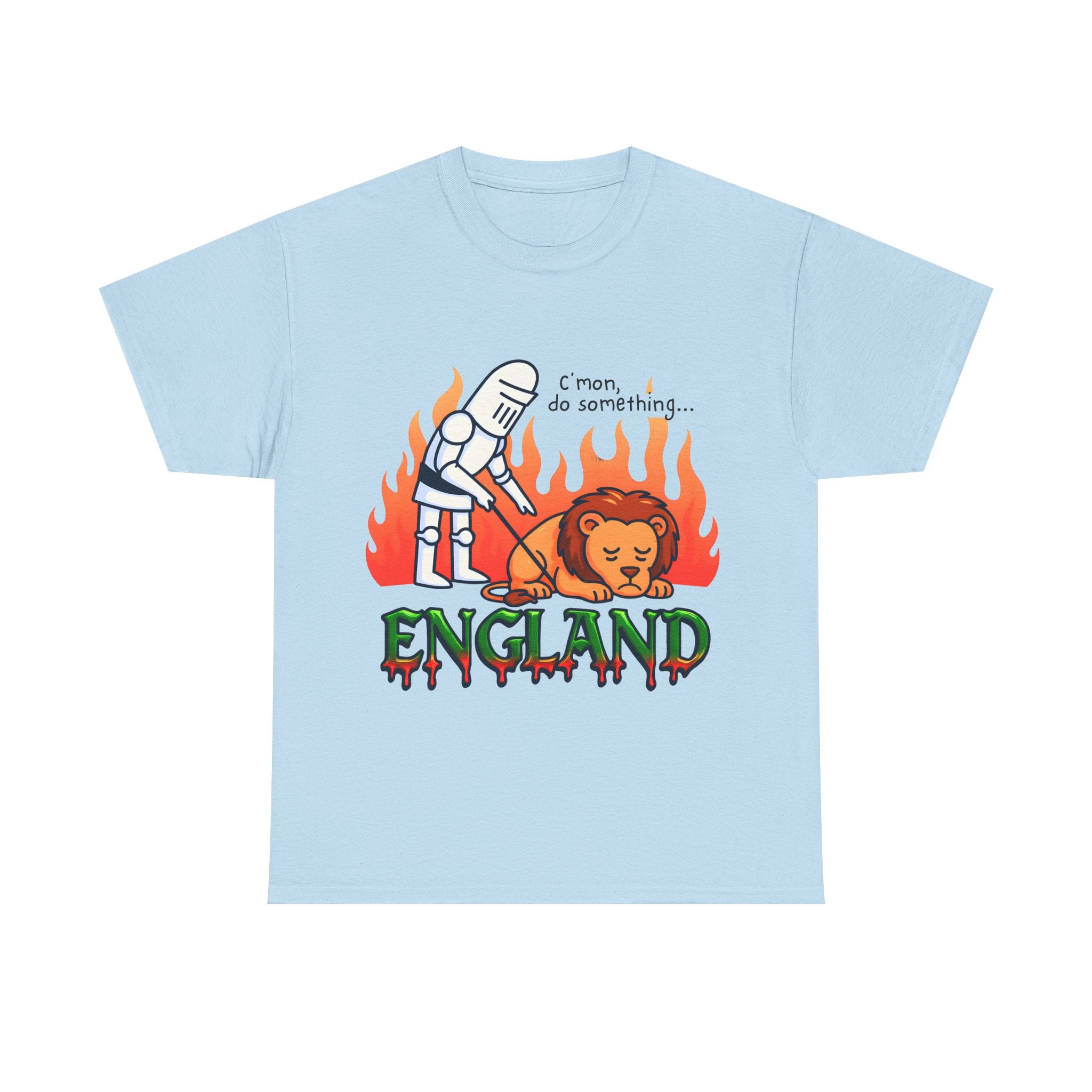 C'mon Do Something Funny England Meme T-Shirt | Unisex Heavy Cotton Tee | Sad Lion & Knight Cartoon National Pride Shirt | England T-shirt
