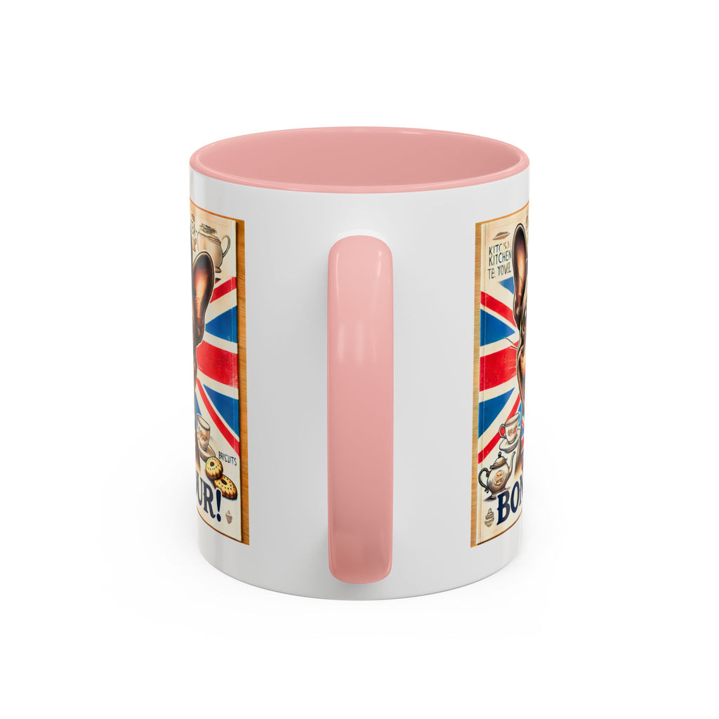 Bone-Jour Frenchie Mug | Funny Dog Lover Accent Coffee Cup | Cute French Bulldog Gift | Whimsical Patriotic Tea Mug | British Kitchen Decor