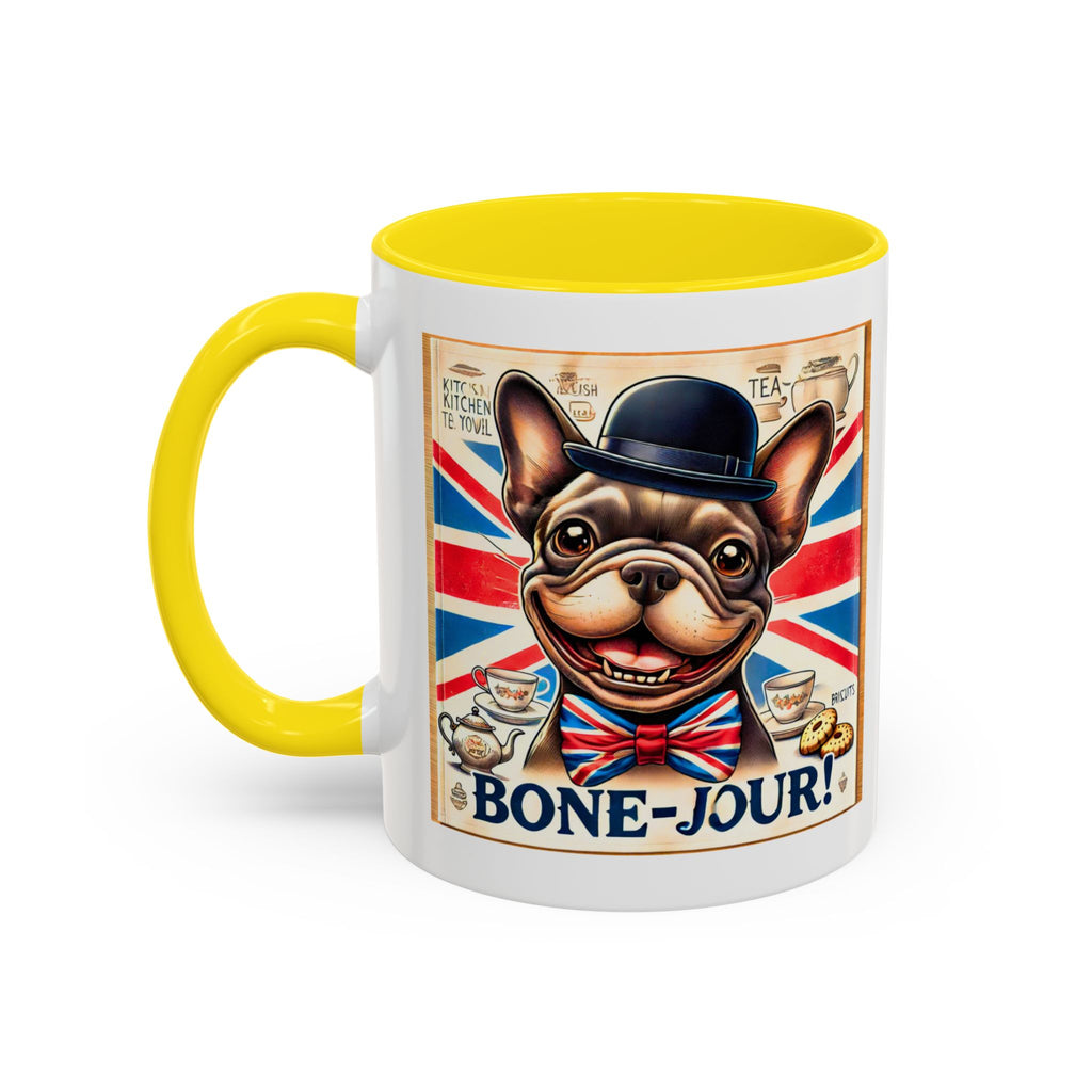 Bone-Jour Frenchie Mug | Funny Dog Lover Accent Coffee Cup | Cute French Bulldog Gift | Whimsical Patriotic Tea Mug | British Kitchen Decor