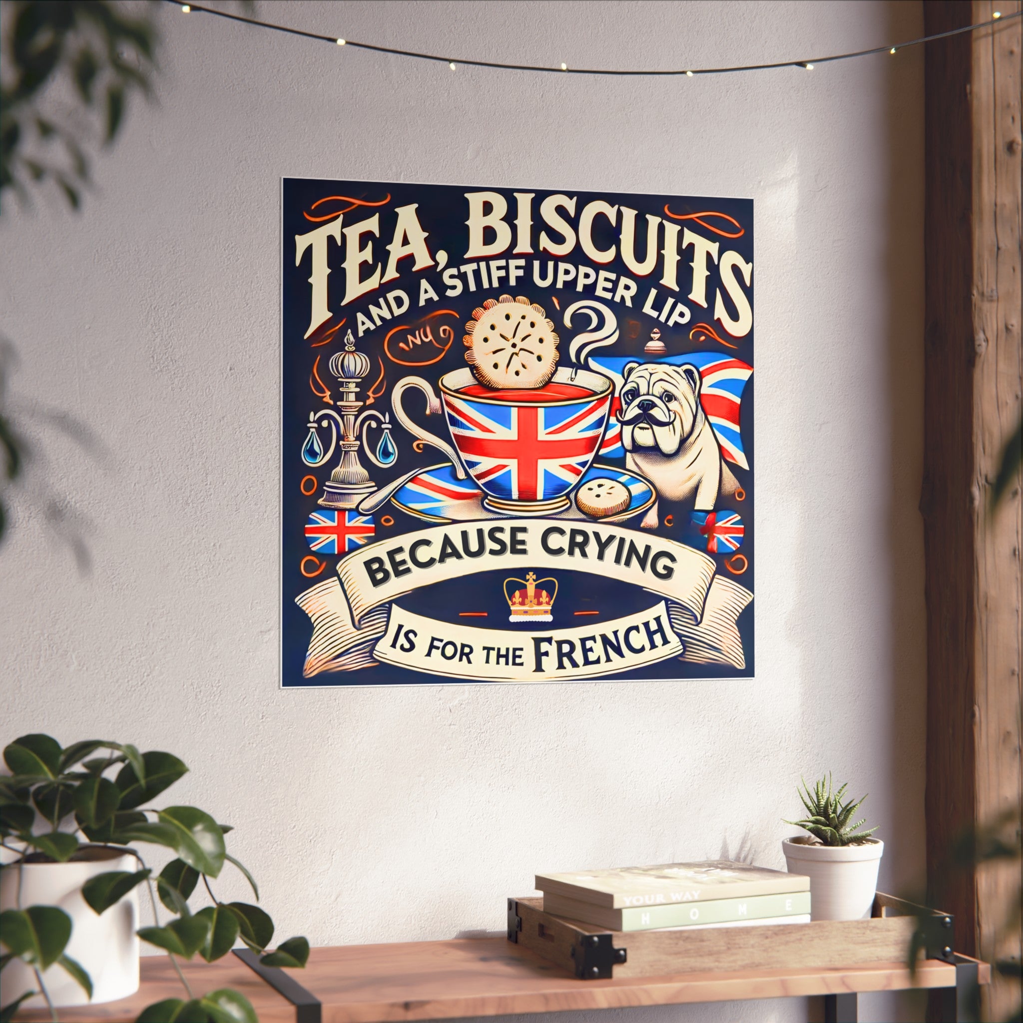 Tea, Biscuits and a Stiff Upper Lip Poster | Crying Is For The French Vintage British Bulldog Gift | Unique Patriotic UK Wall Art Print