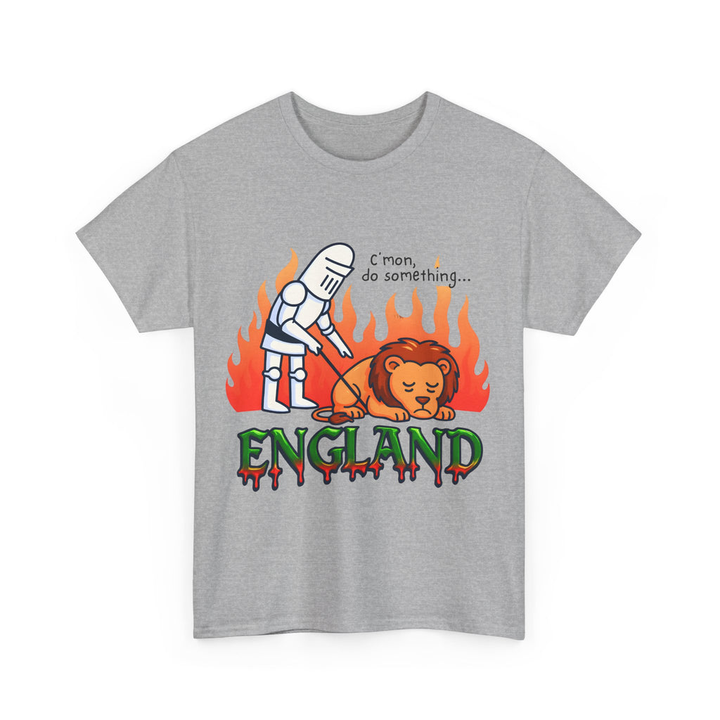 C'mon Do Something Funny England Meme T-Shirt | Unisex Heavy Cotton Tee | Sad Lion & Knight Cartoon National Pride Shirt | England T-shirt