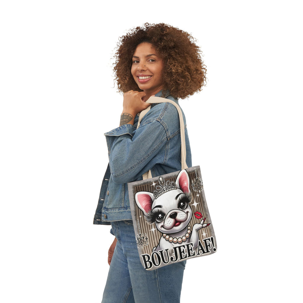 Boujee AF Canvas Tote Bag | Frenchie Design | 5-Color Straps Shopping Bag | French Bulldog Artwork Travel Tote