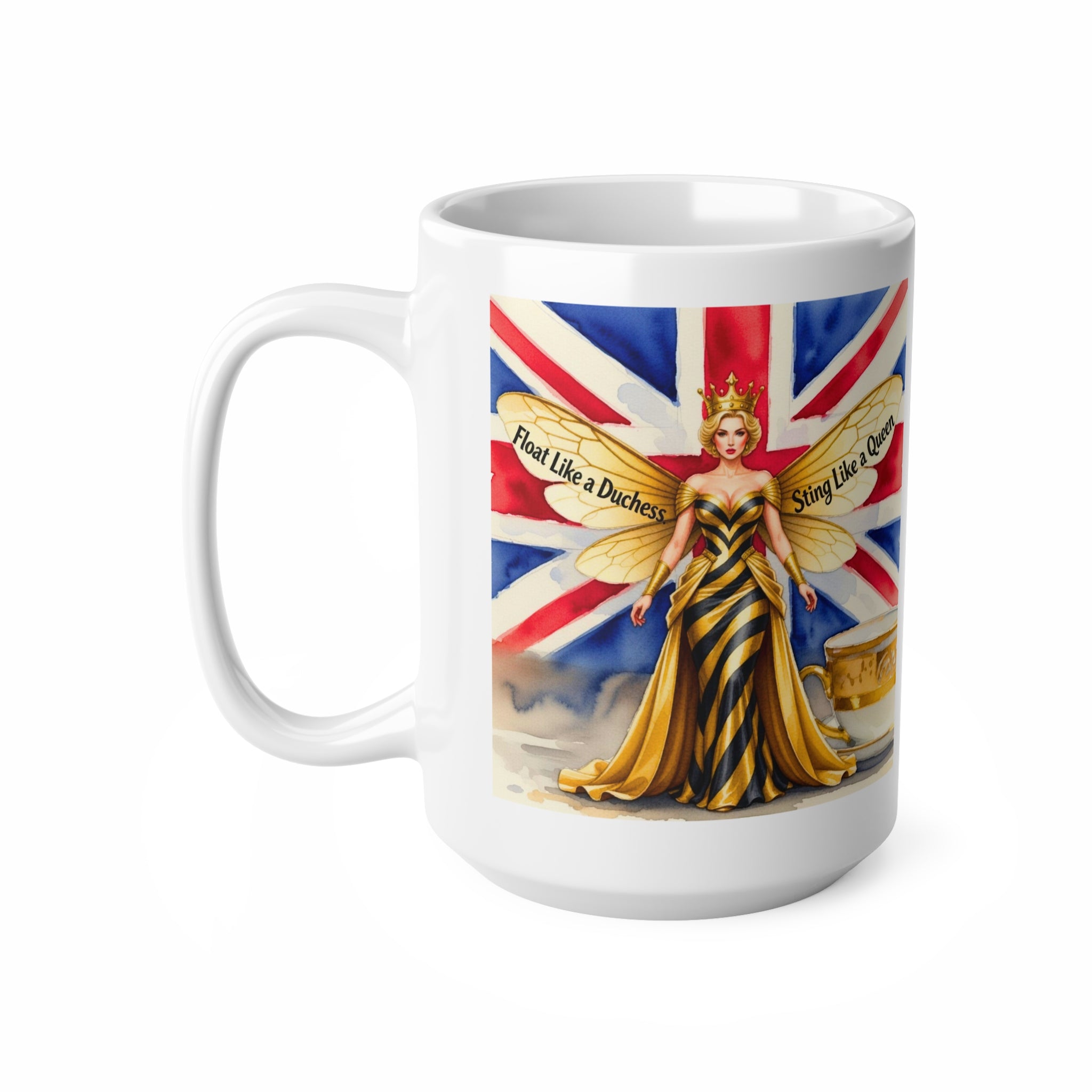 Float Like A Duchess, Sting Like A Bee Cup | Union Jack Royal Bee Feminist Mug