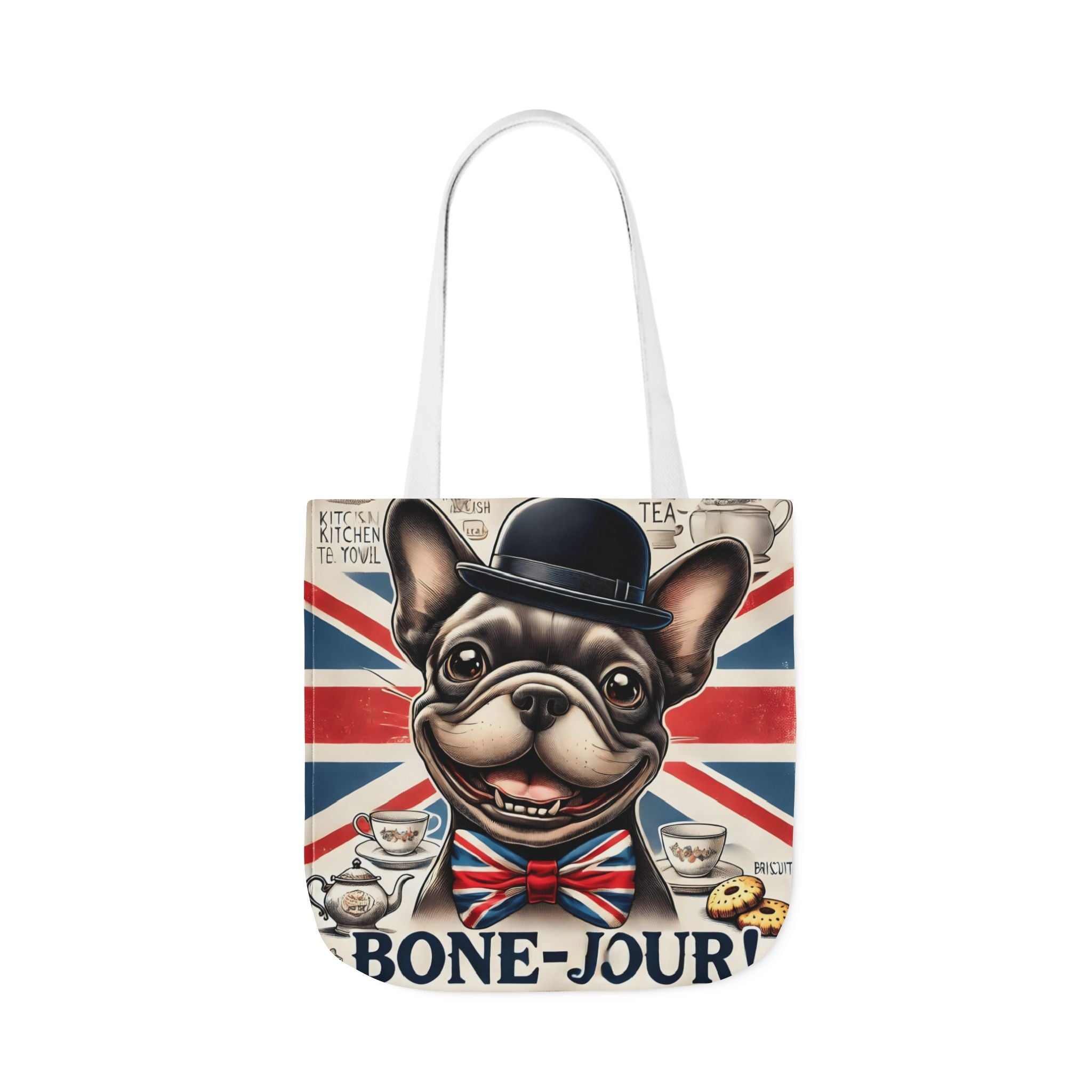 Bone-Jour Tote Bag | Union Jack Frenchie Bag | Fun Dog Mum Gift | Reusable Shopping Bag | French Bulldog Shoulder Bag, Dog Lover Gift