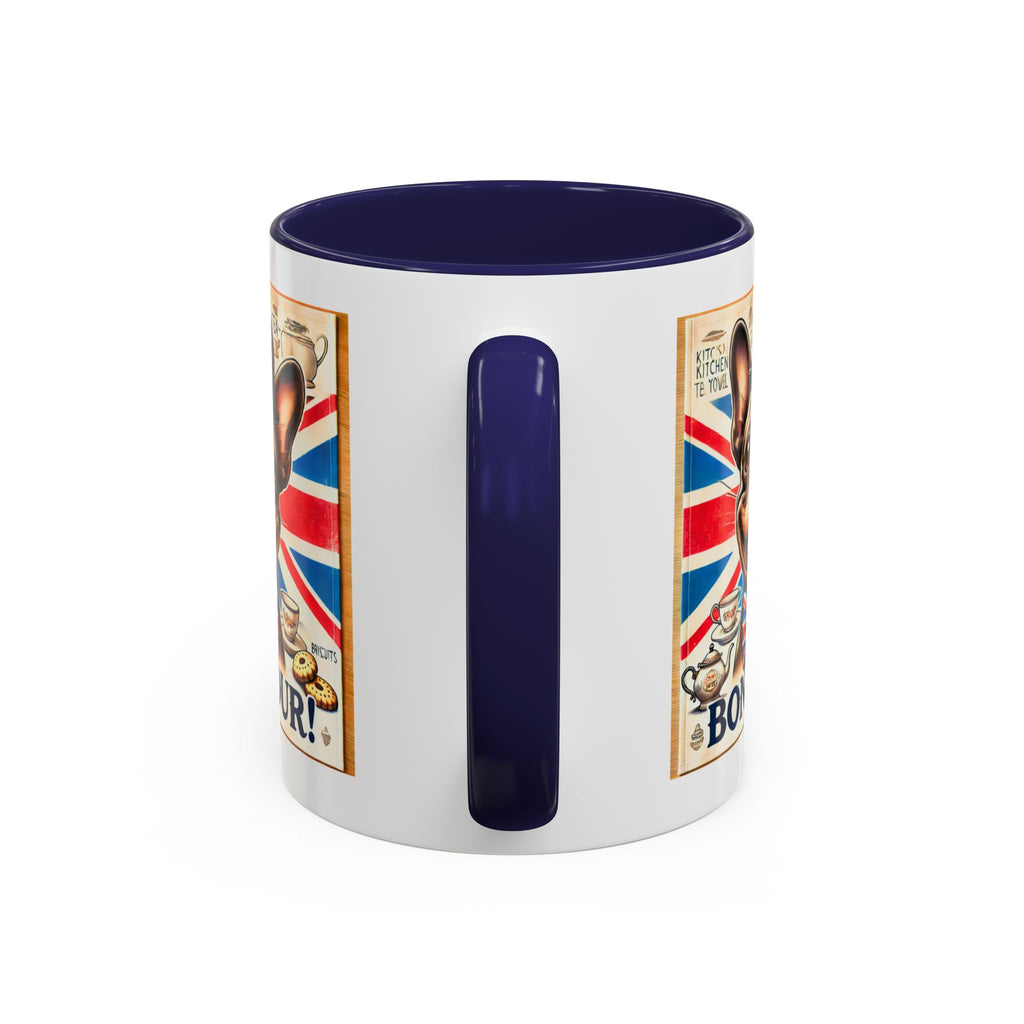 Bone-Jour Frenchie Mug | Funny Dog Lover Accent Coffee Cup | Cute French Bulldog Gift | Whimsical Patriotic Tea Mug | British Kitchen Decor