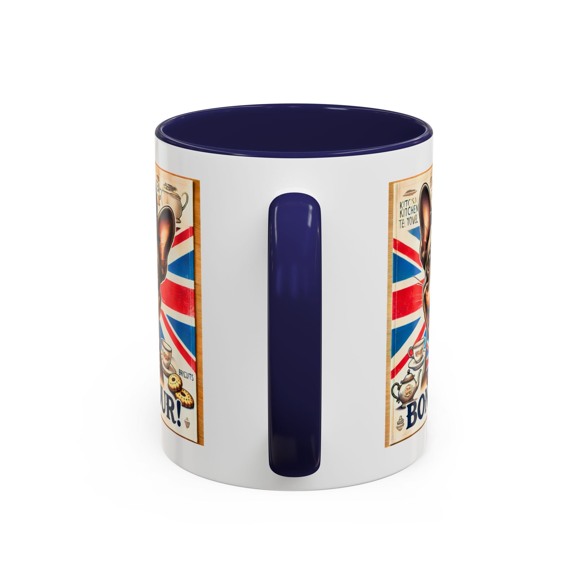 Bone-Jour Frenchie Mug | Funny Dog Lover Accent Coffee Cup | Cute French Bulldog Gift | Whimsical Patriotic Tea Mug | British Kitchen Decor