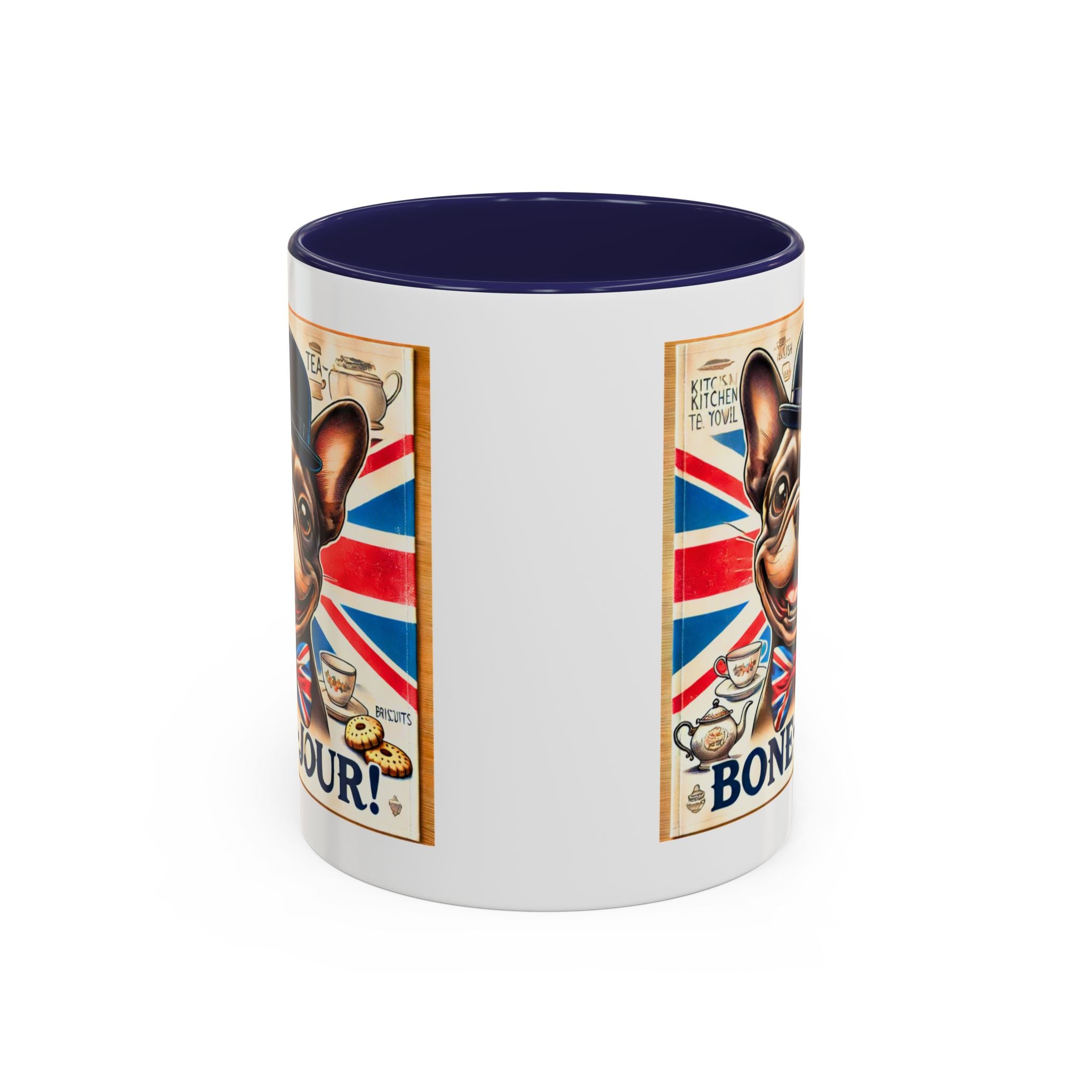 Bone-Jour Frenchie Mug | Funny Dog Lover Accent Coffee Cup | Cute French Bulldog Gift | Whimsical Patriotic Tea Mug | British Kitchen Decor