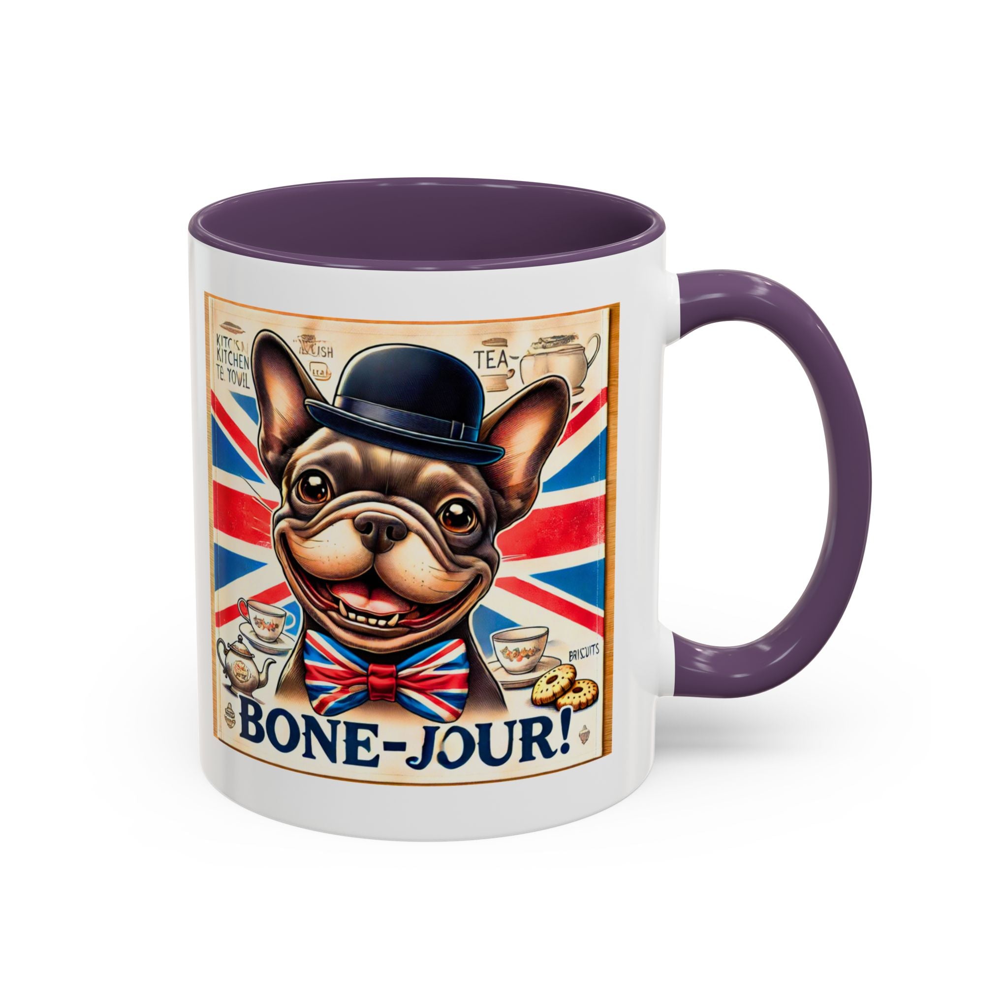 Bone-Jour Frenchie Mug | Funny Dog Lover Accent Coffee Cup | Cute French Bulldog Gift | Whimsical Patriotic Tea Mug | British Kitchen Decor