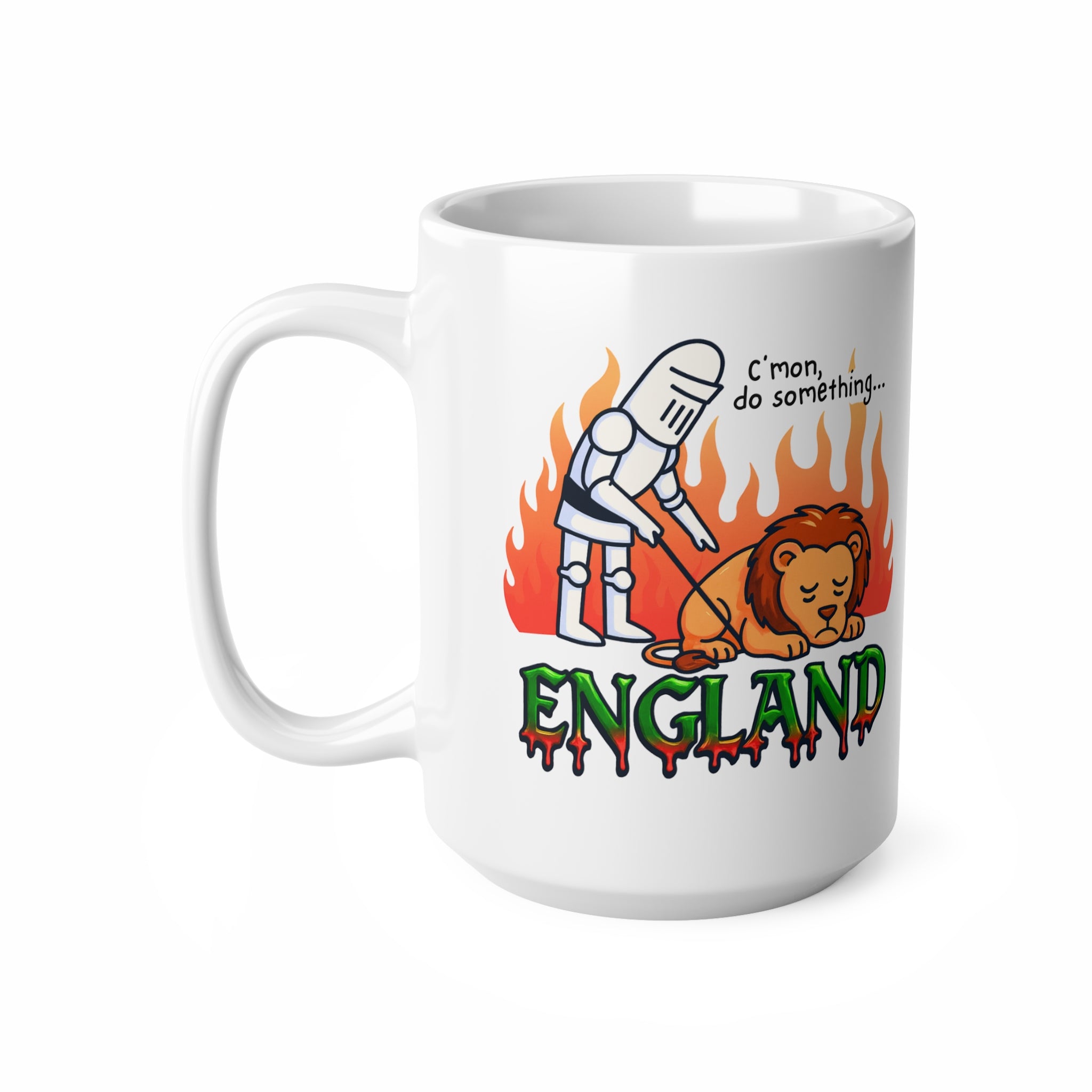 C'mon, Do Something Fiery Meme Mug | England Knight & Lion Cartoon Coffee Cup | 11oz and 15oz Parody Mug | Unique Gift for England Fans