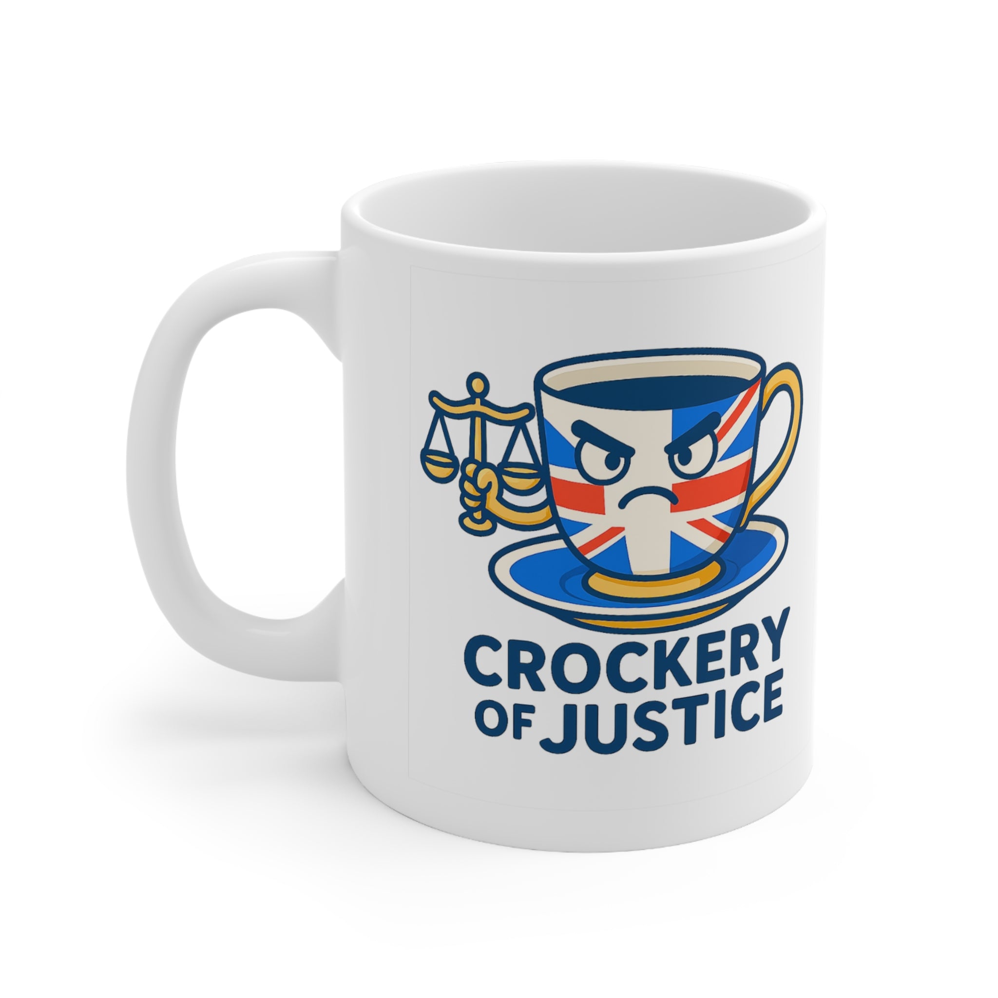Crockery of Justice Mug | Funny British 11oz & 15oz Cup | UK Patriot Union Jack Tea Humour Gift | Quirky Unique Design