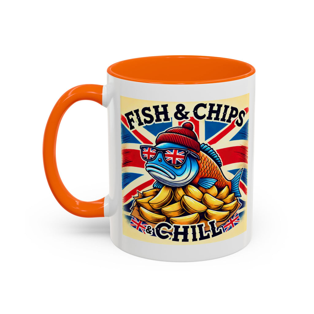 Fish & Chips n Chill Mug | Funny British Coffee Cup | Foodie Gift | Quirky UK Tea Mug | Accent Coffee Cup for Home or Office