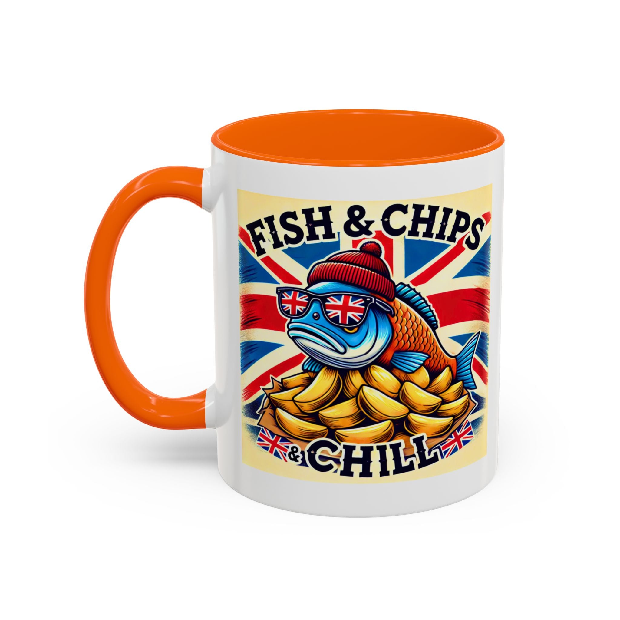 Fish & Chips n Chill Mug | Funny British Coffee Cup | Foodie Gift | Quirky UK Tea Mug | Accent Coffee Cup for Home or Office