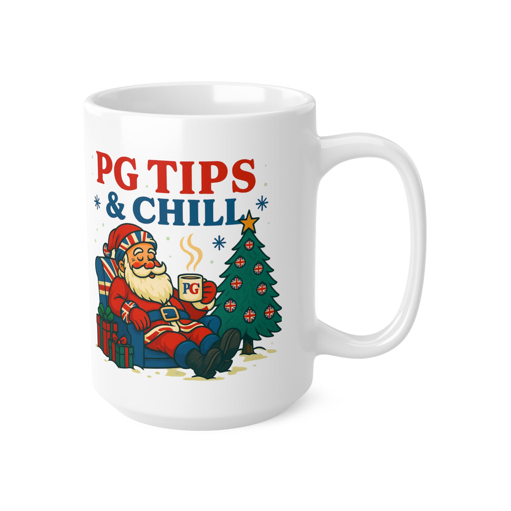 PG Tips and Chill Christmas mug with Santa in a Union Jack armchair, photo 7