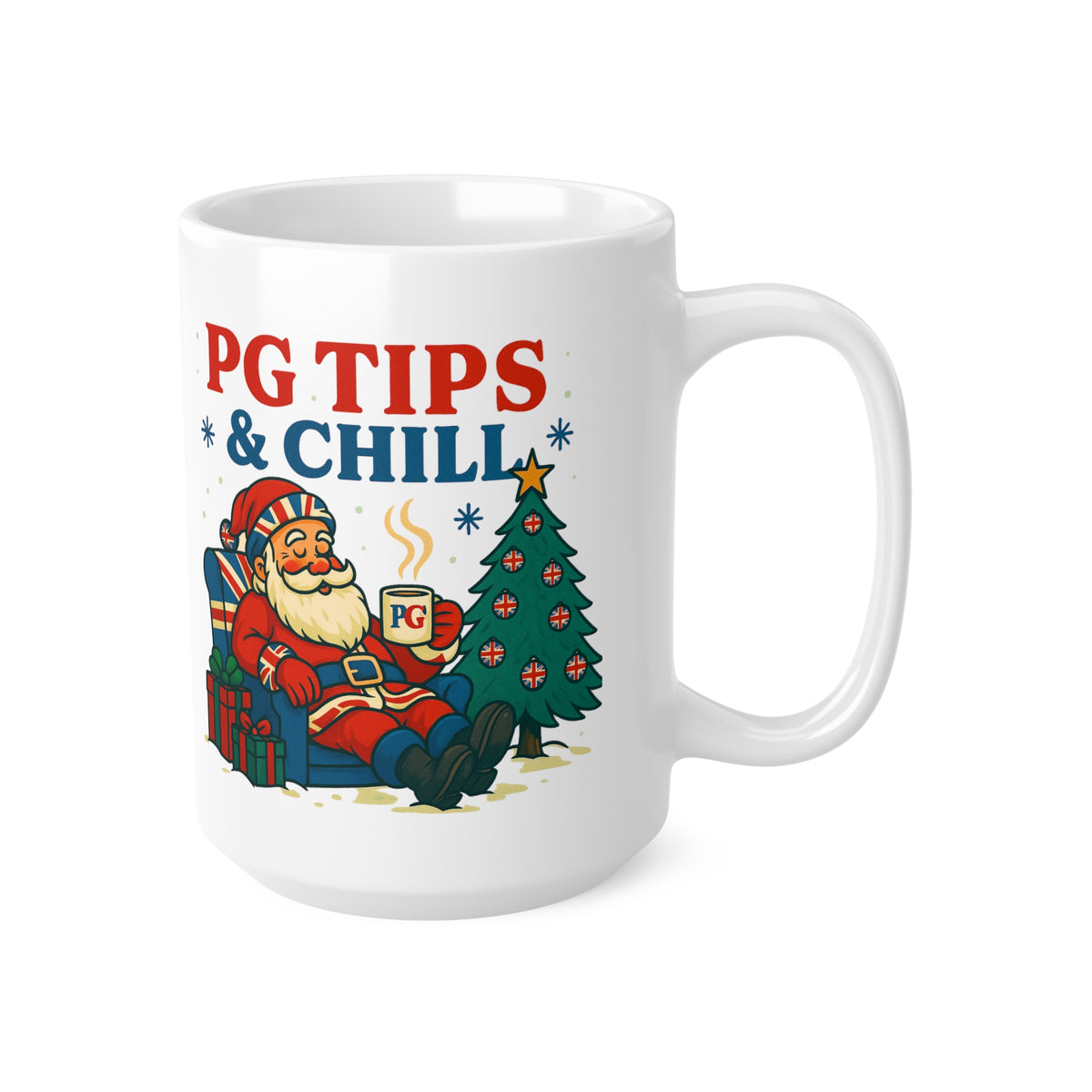 PG Tips and Chill Christmas mug with Santa in a Union Jack armchair, photo 7