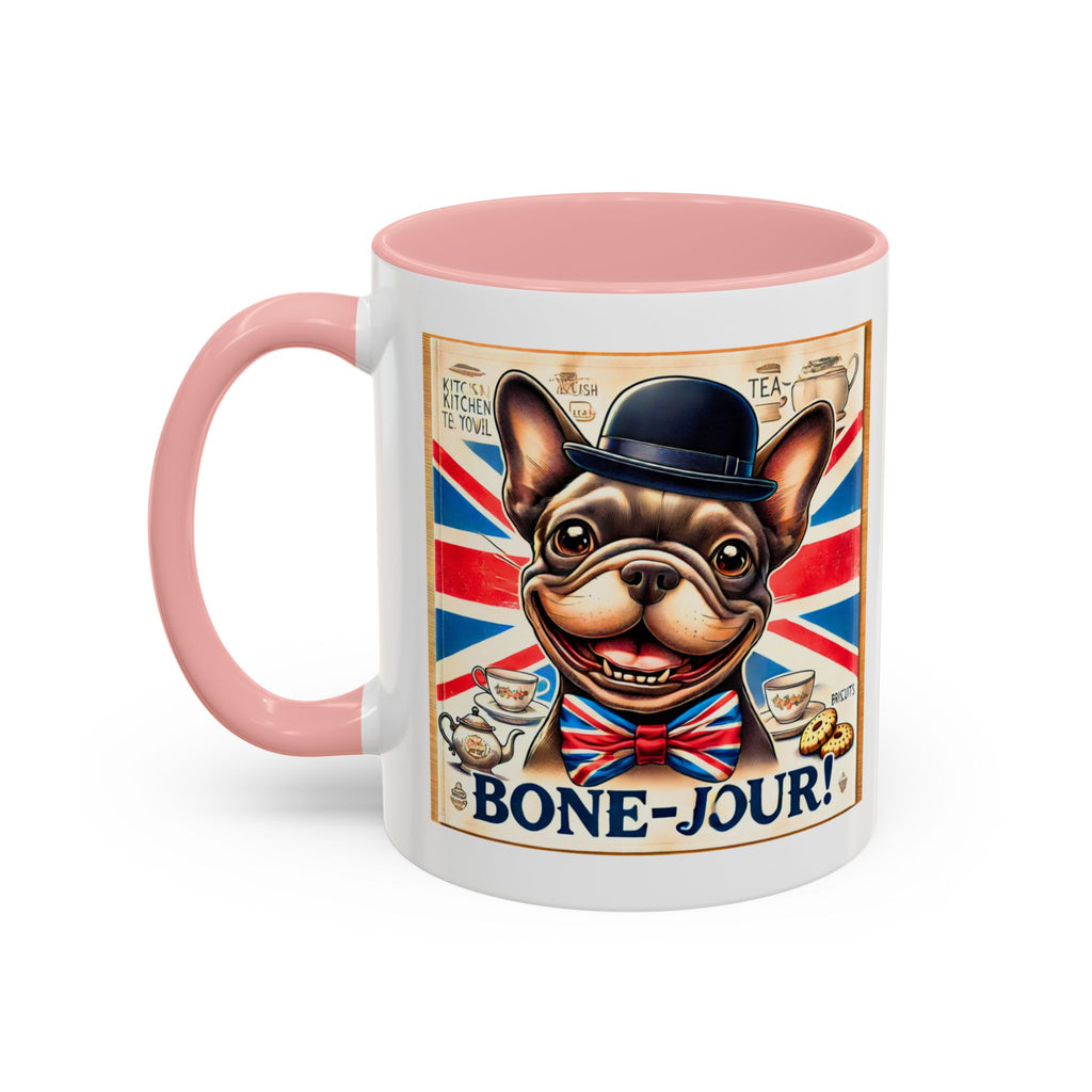 Bone-Jour Frenchie Mug | Funny Dog Lover Accent Coffee Cup | Cute French Bulldog Gift | Whimsical Patriotic Tea Mug | British Kitchen Decor