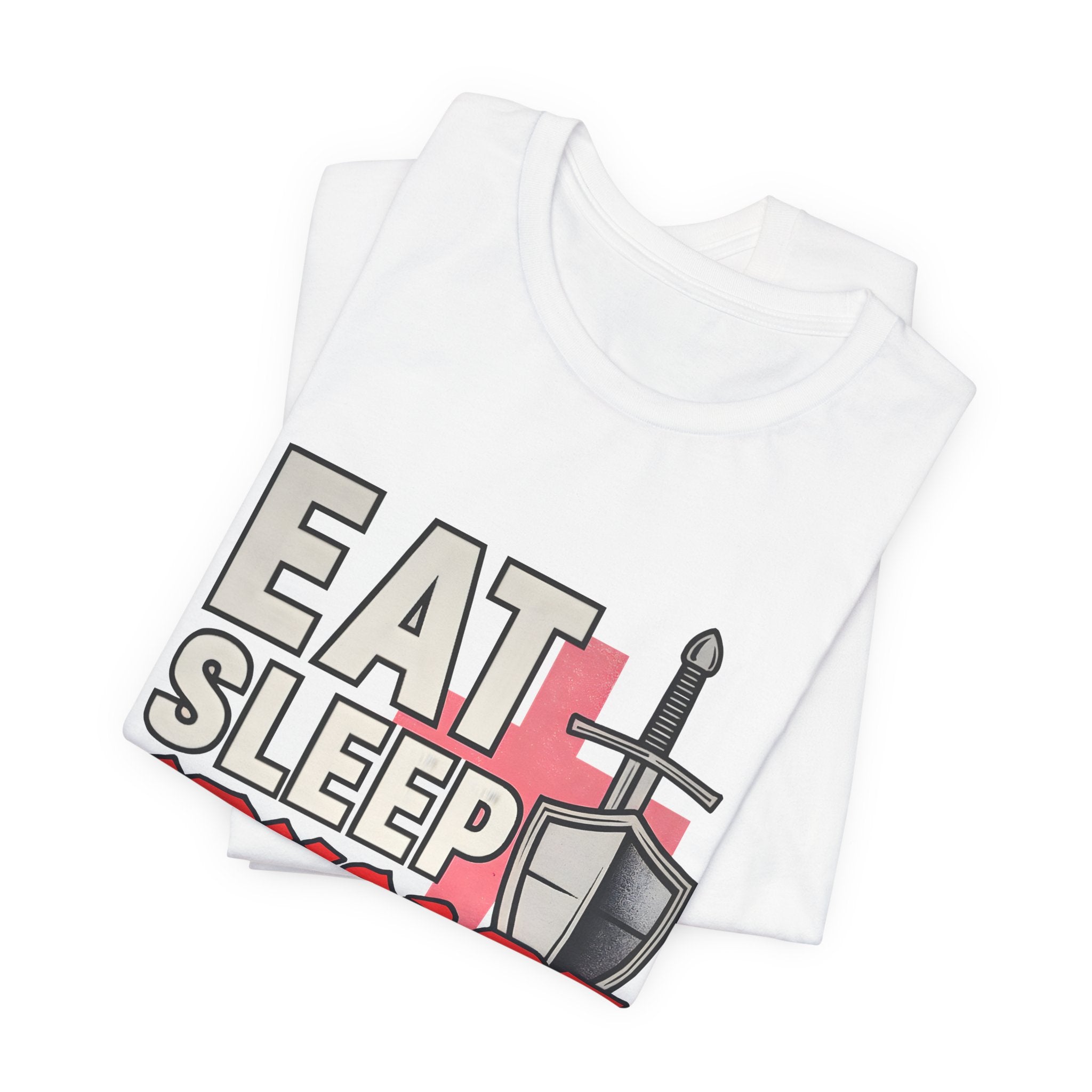 Eat Sleep Crusade Repeat T-Shirt | UK Patriot Medieval Sword & Shield Design | English National Pride Tee