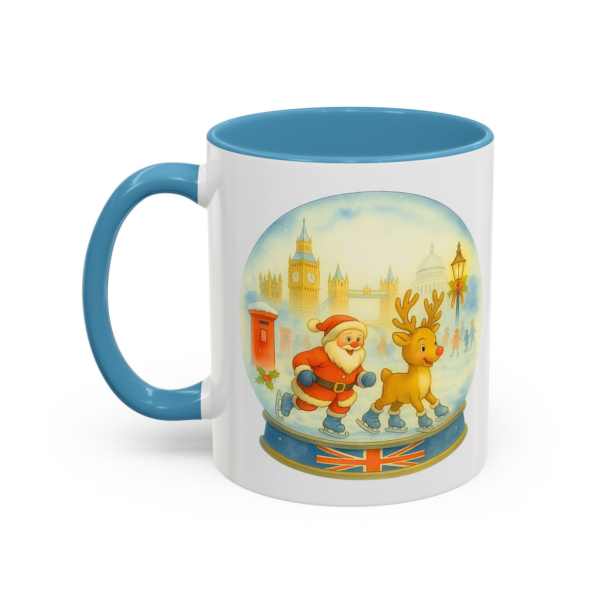 Santa and Rudolph ice skating London snowglobe Christmas mug, photo 2