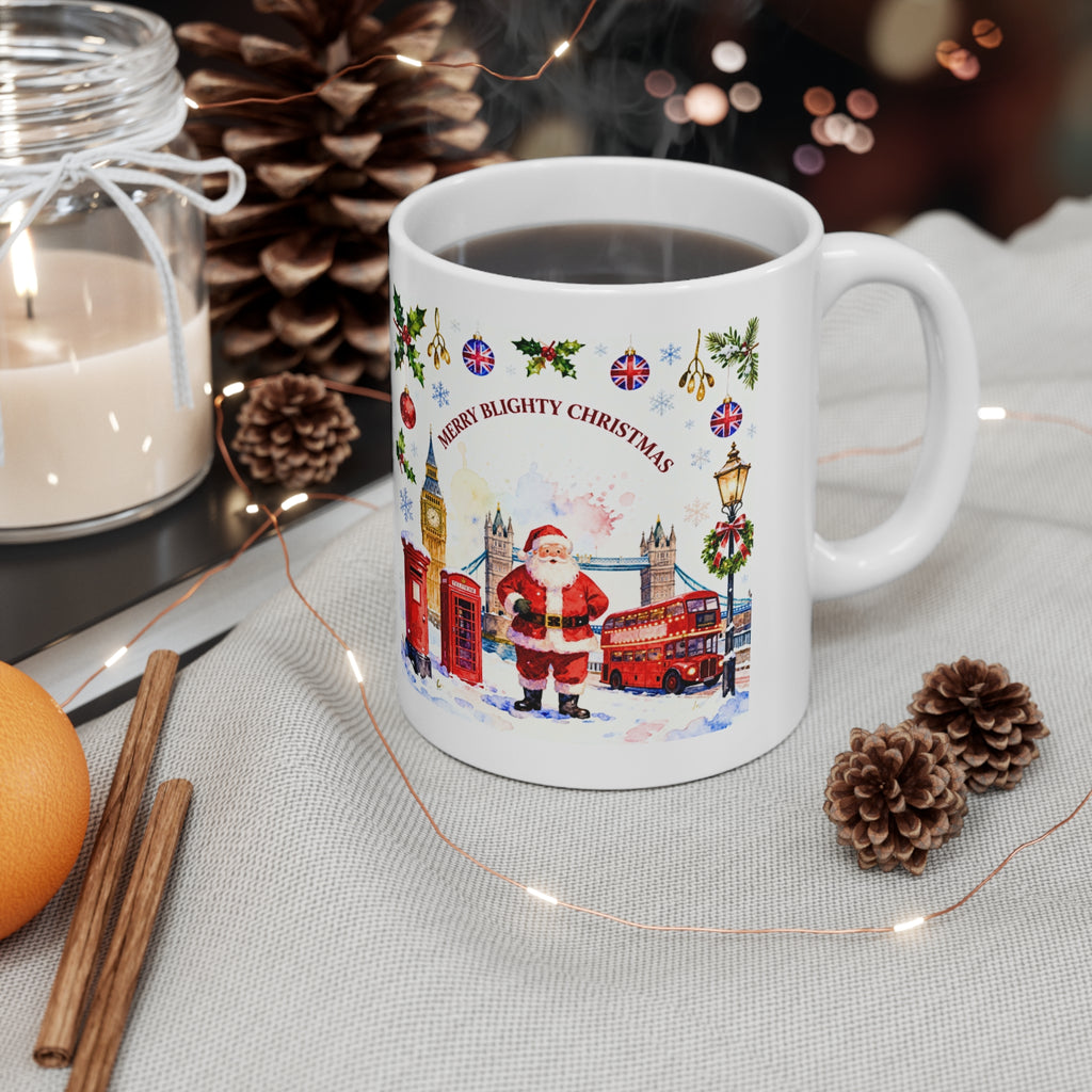 Merry Blighty Christmas - UK Santa Mug | British Festive Cup | London Watercolour Design | UK Holiday Gift
