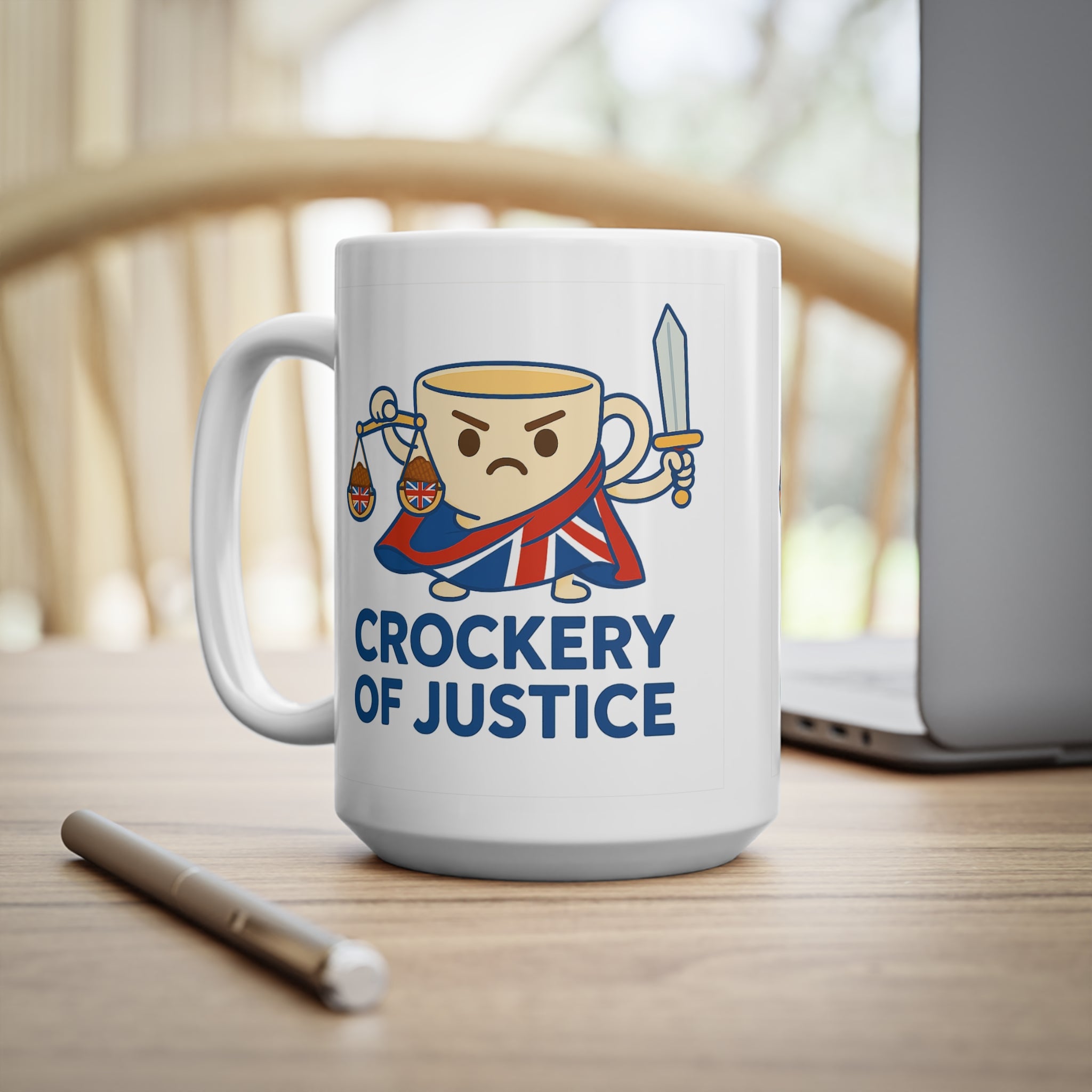 Crockery of Justice Mug | Funny Union Jack Cup with Scales & Sword | Quirky British Tea Humour Cup | UK Patriot Gift