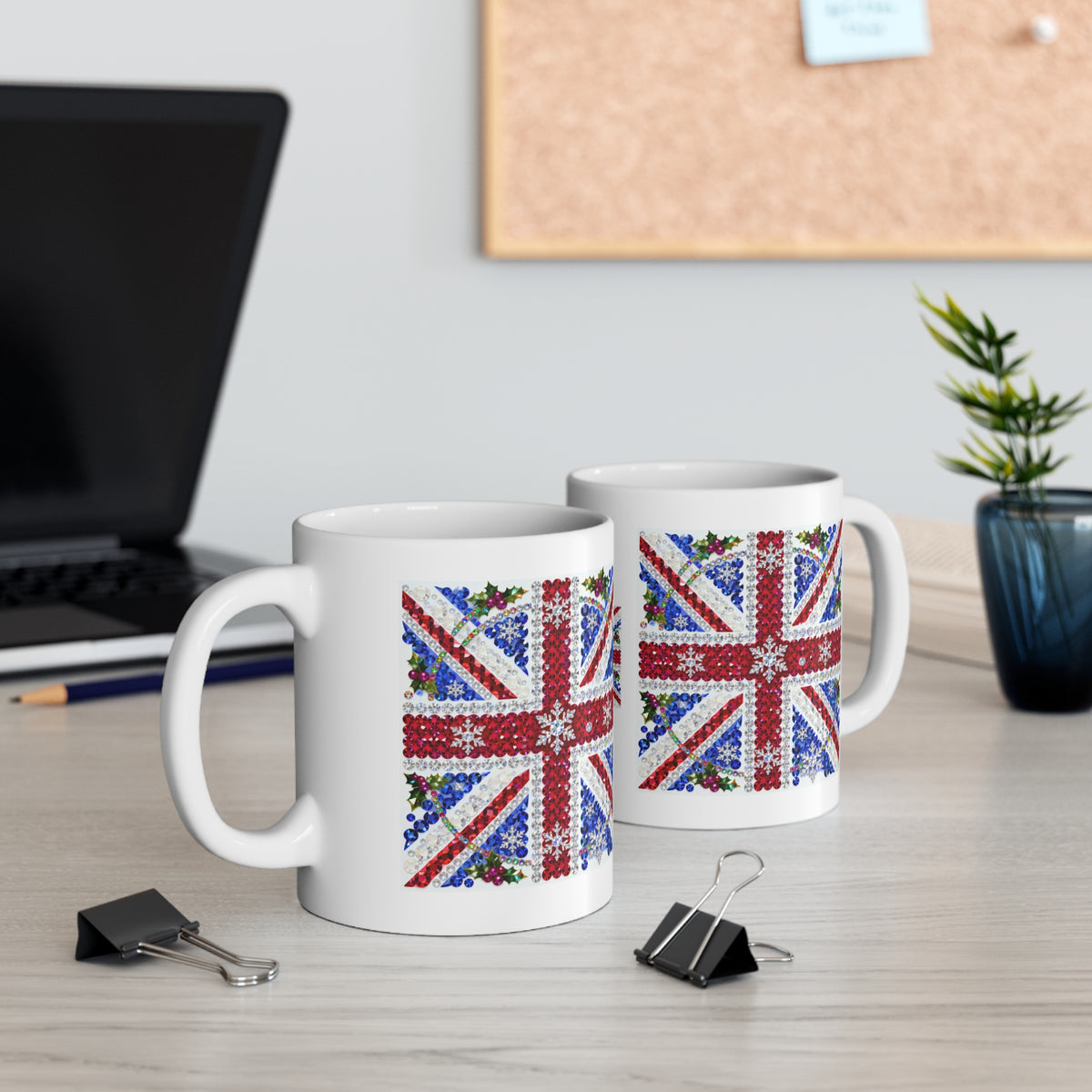 Jewelled Union Jack Christmas mug with gemstone-style flag and holly, photo 5