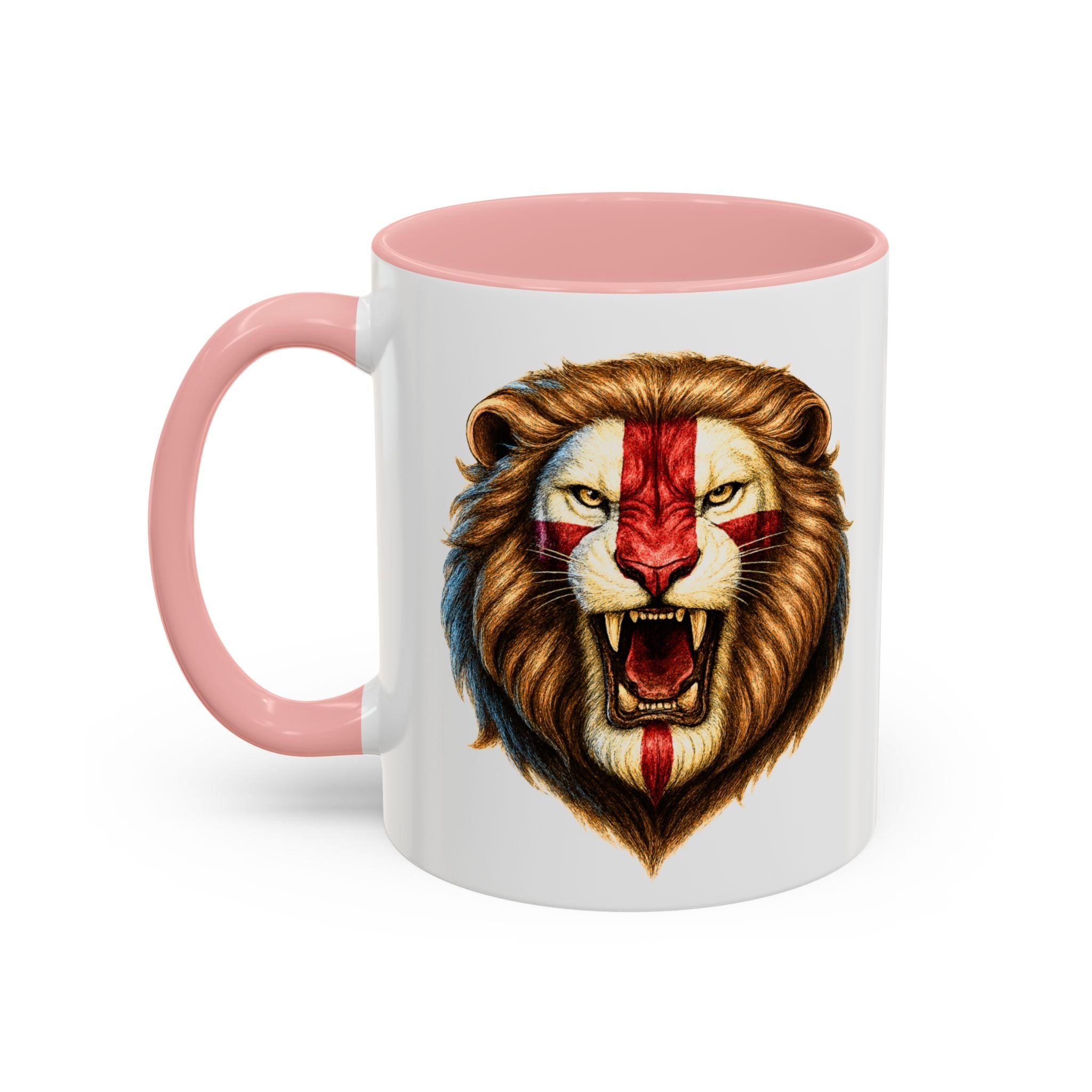 Roaring English Lion Accent Mug | St. George's Cross Patriotic Coffee Cup | Funny Medieval England Gift in Glossy Finish