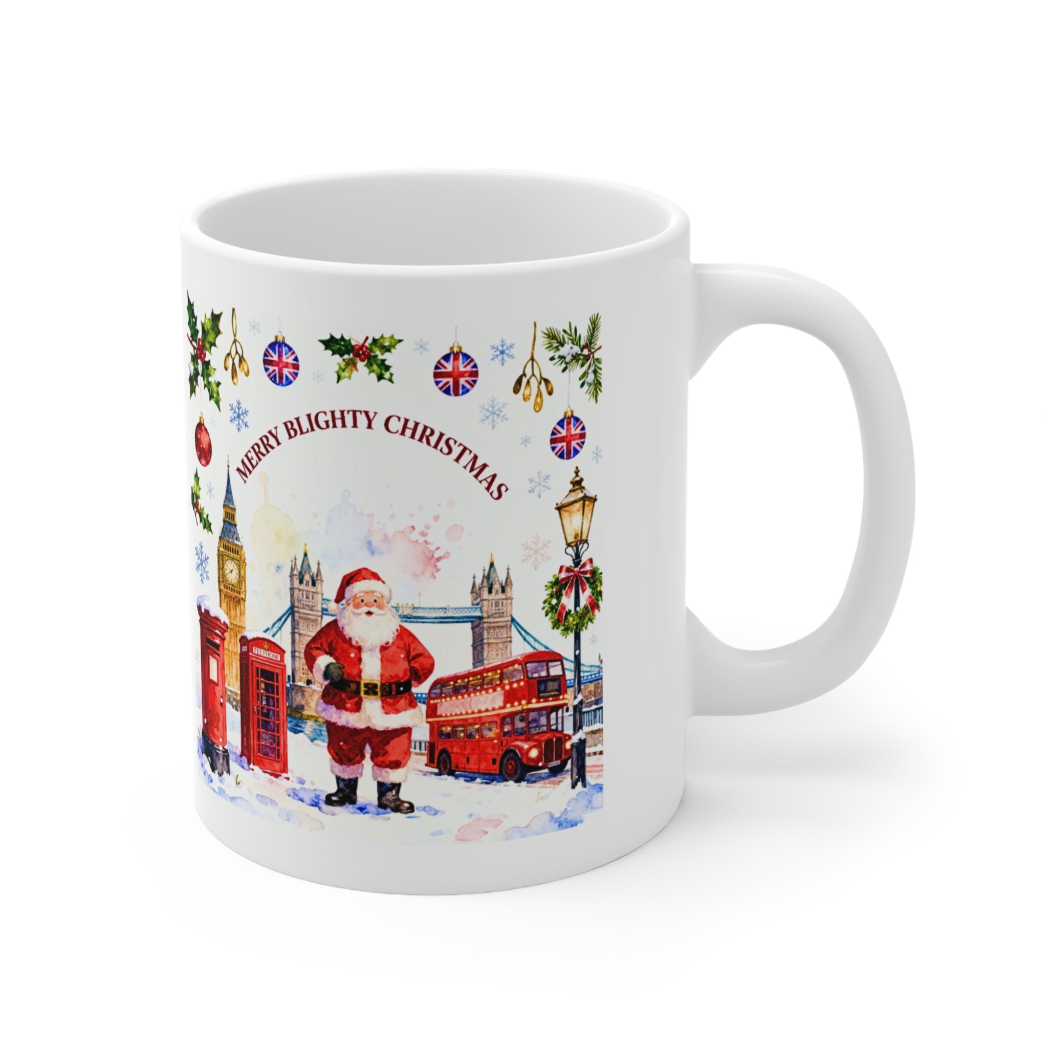 Merry Blighty Christmas - UK Santa Mug | British Festive Cup | London Watercolour Design | UK Holiday Gift
