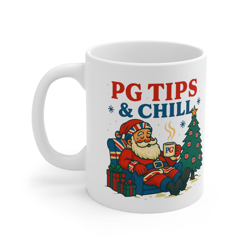 PG Tips and Chill Christmas mug with Santa in a Union Jack armchair