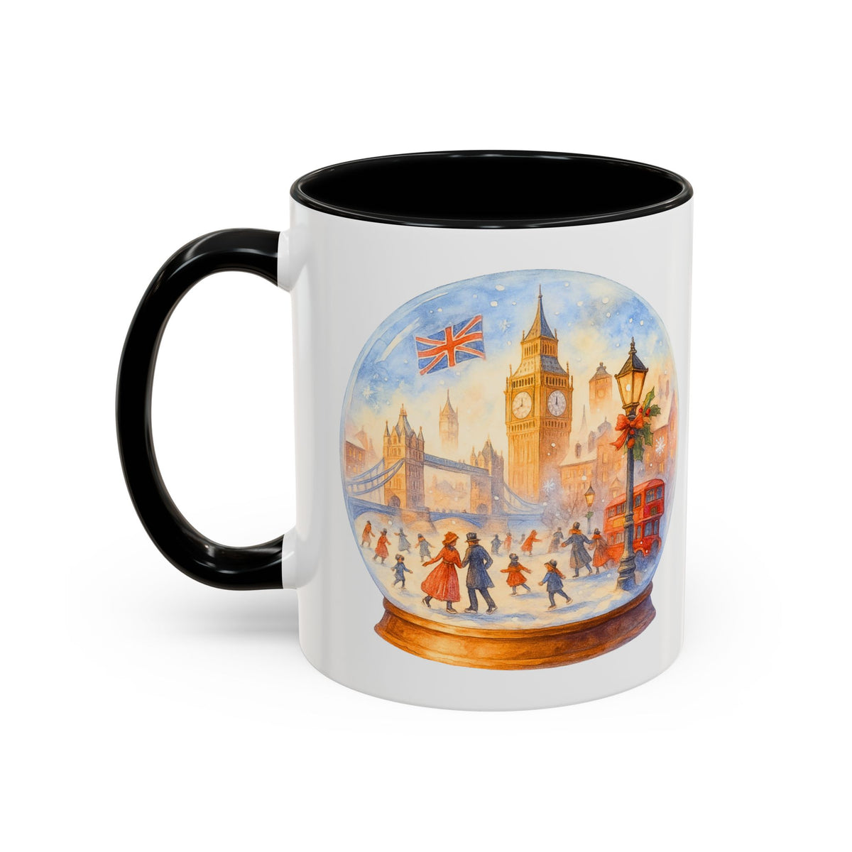 London snowglobe mug with Big Ben, Tower Bridge and red buses, photo 9