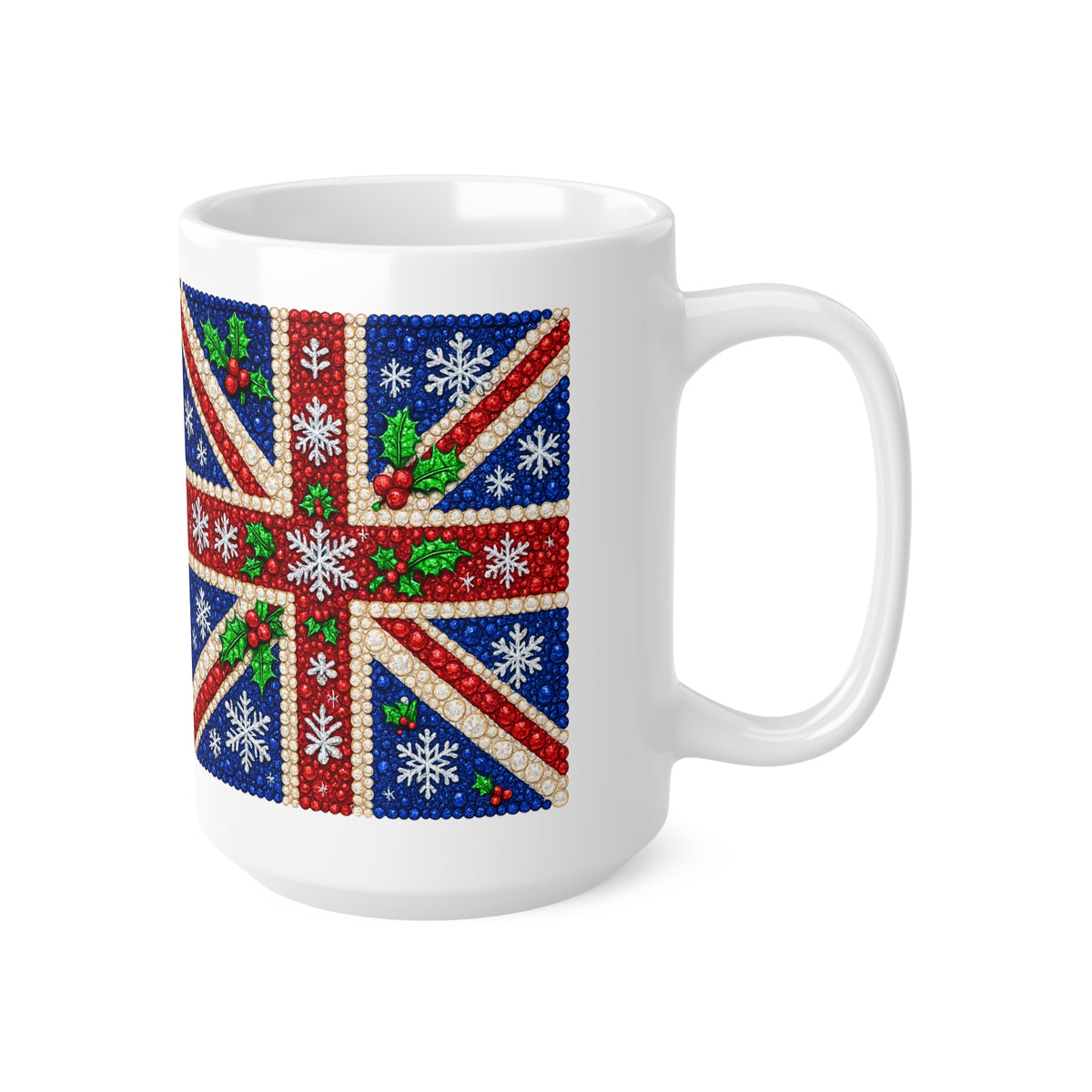 Rhinestone-style Union Jack Christmas mug with snowflakes, photo 5