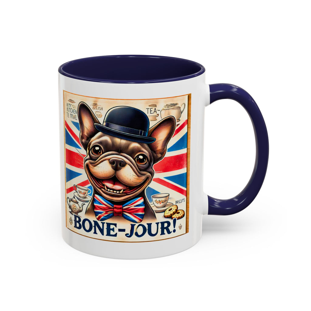 Bone-Jour Frenchie Mug | Funny Dog Lover Accent Coffee Cup | Cute French Bulldog Gift | Whimsical Patriotic Tea Mug | British Kitchen Decor