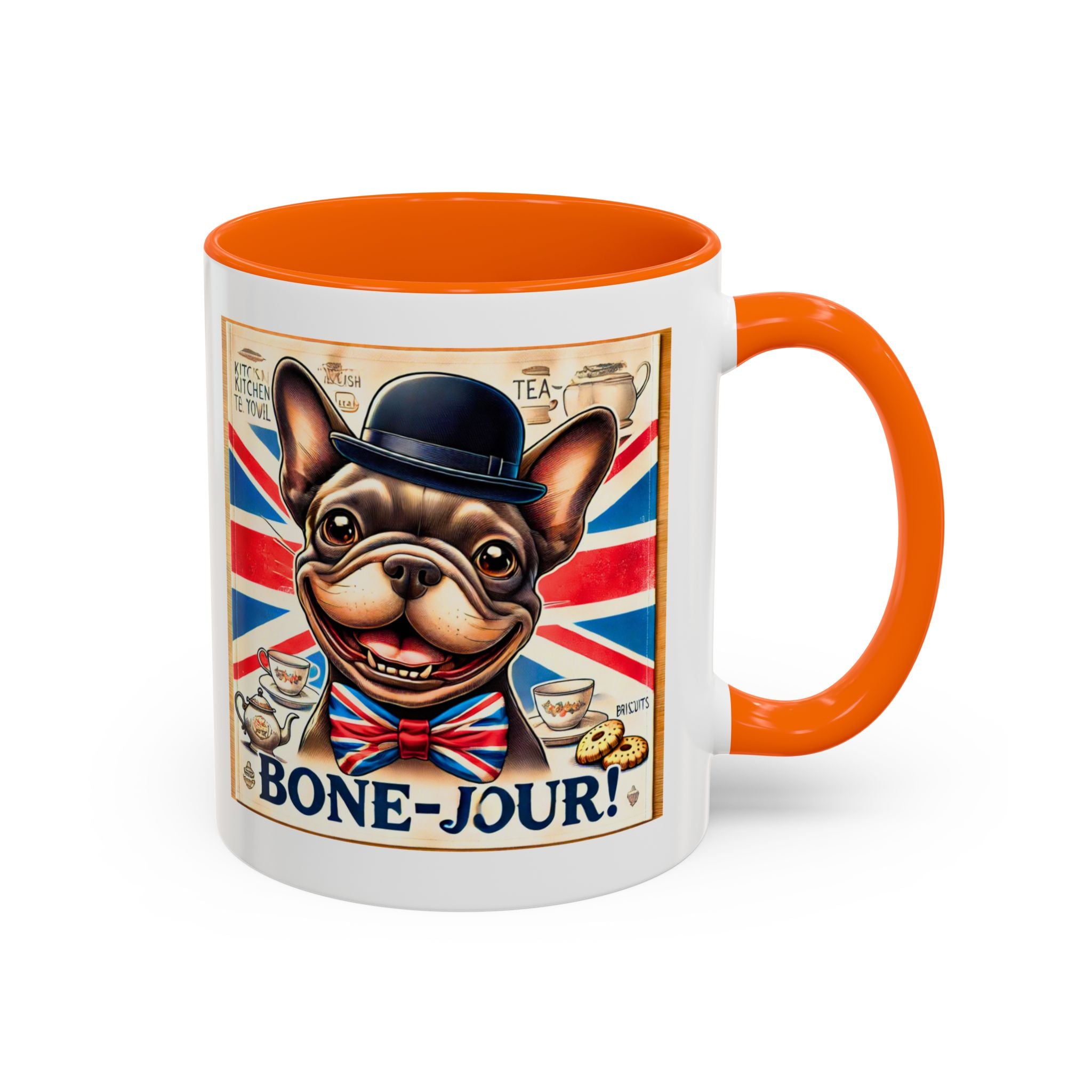 Bone-Jour Frenchie Mug | Funny Dog Lover Accent Coffee Cup | Cute French Bulldog Gift | Whimsical Patriotic Tea Mug | British Kitchen Decor