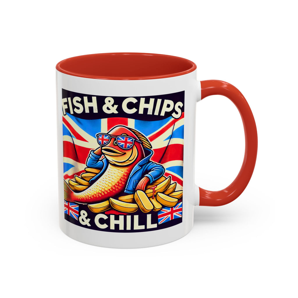 Fish & Chips n Chill Mug | Funny British Coffee Cup | Foodie Gift | Quirky UK Tea Mug | Accent Coffee Cup for Home or Office