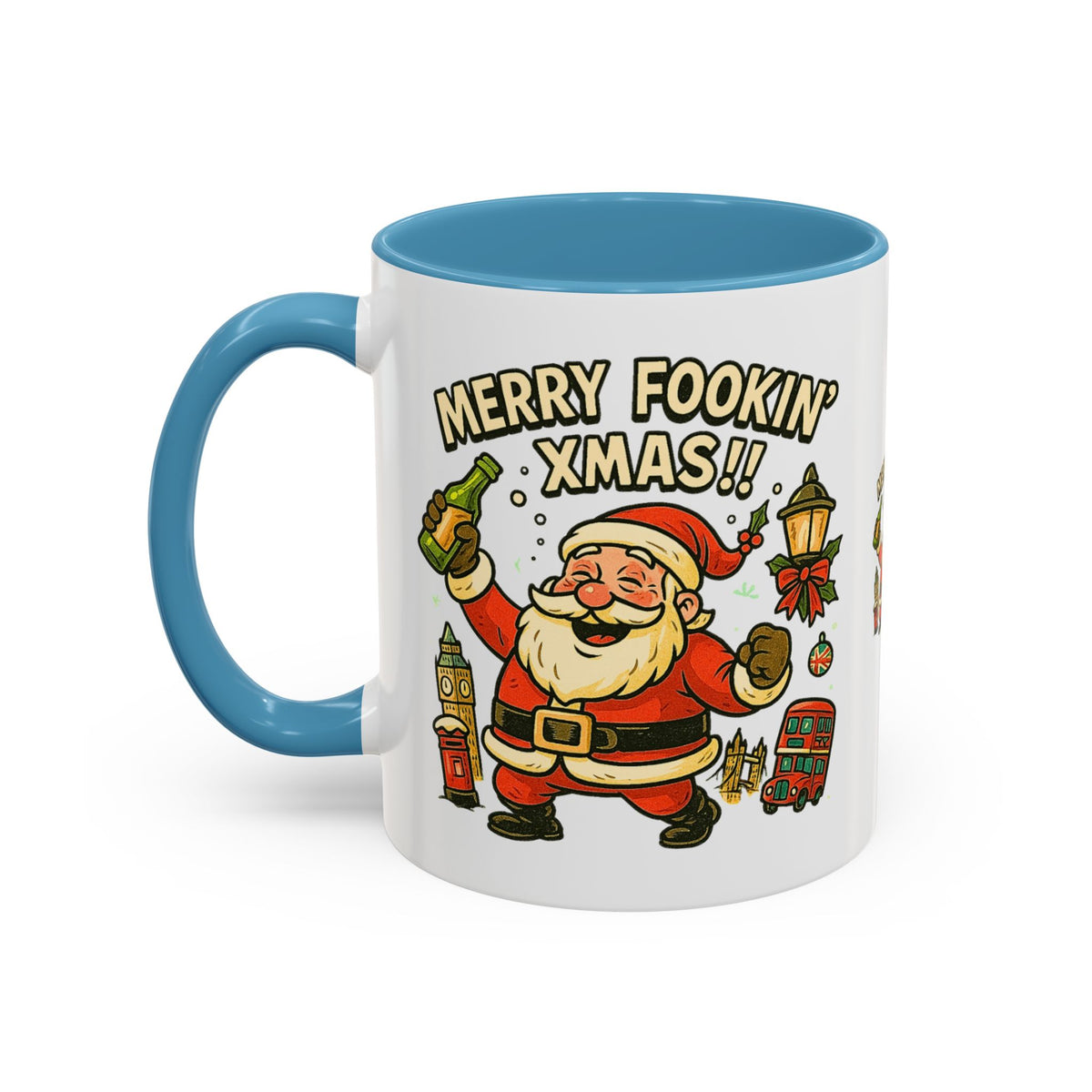 Merry Fookin' Xmas drunk Santa mug with Big Ben and a red bus, photo 4