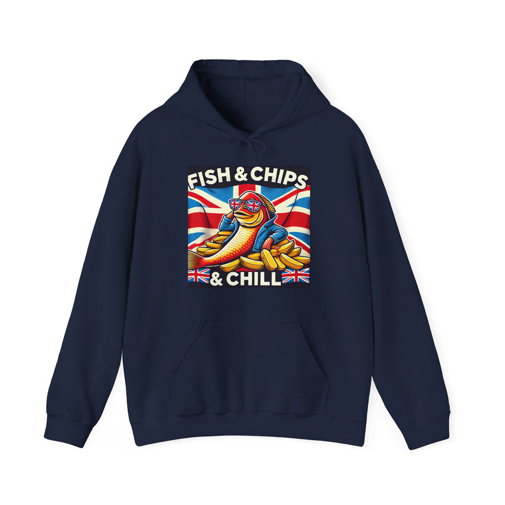 Fish & Chips n Chill Hoodie | Funny British Foodie Sweatshirt | Cozy Stylish UK Banter Wear | Gift for Food Lovers and Chippy Fans