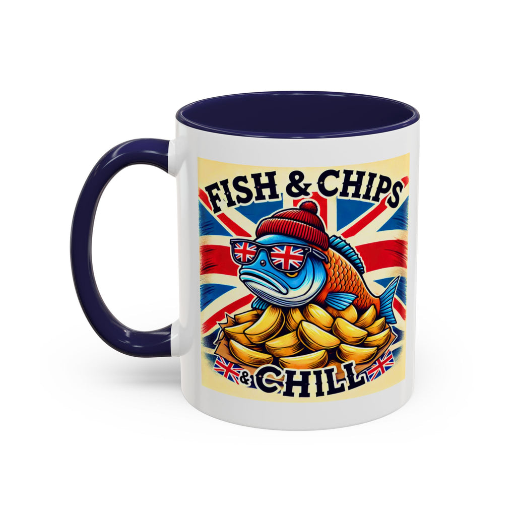 Fish & Chips n Chill Mug | Funny British Coffee Cup | Foodie Gift | Quirky UK Tea Mug | Accent Coffee Cup for Home or Office
