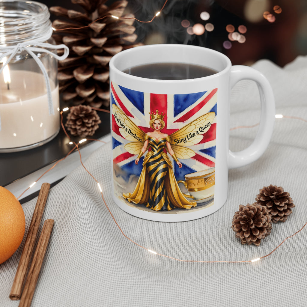 Float Like A Duchess, Sting Like A Bee Cup | Union Jack Royal Bee Feminist Mug