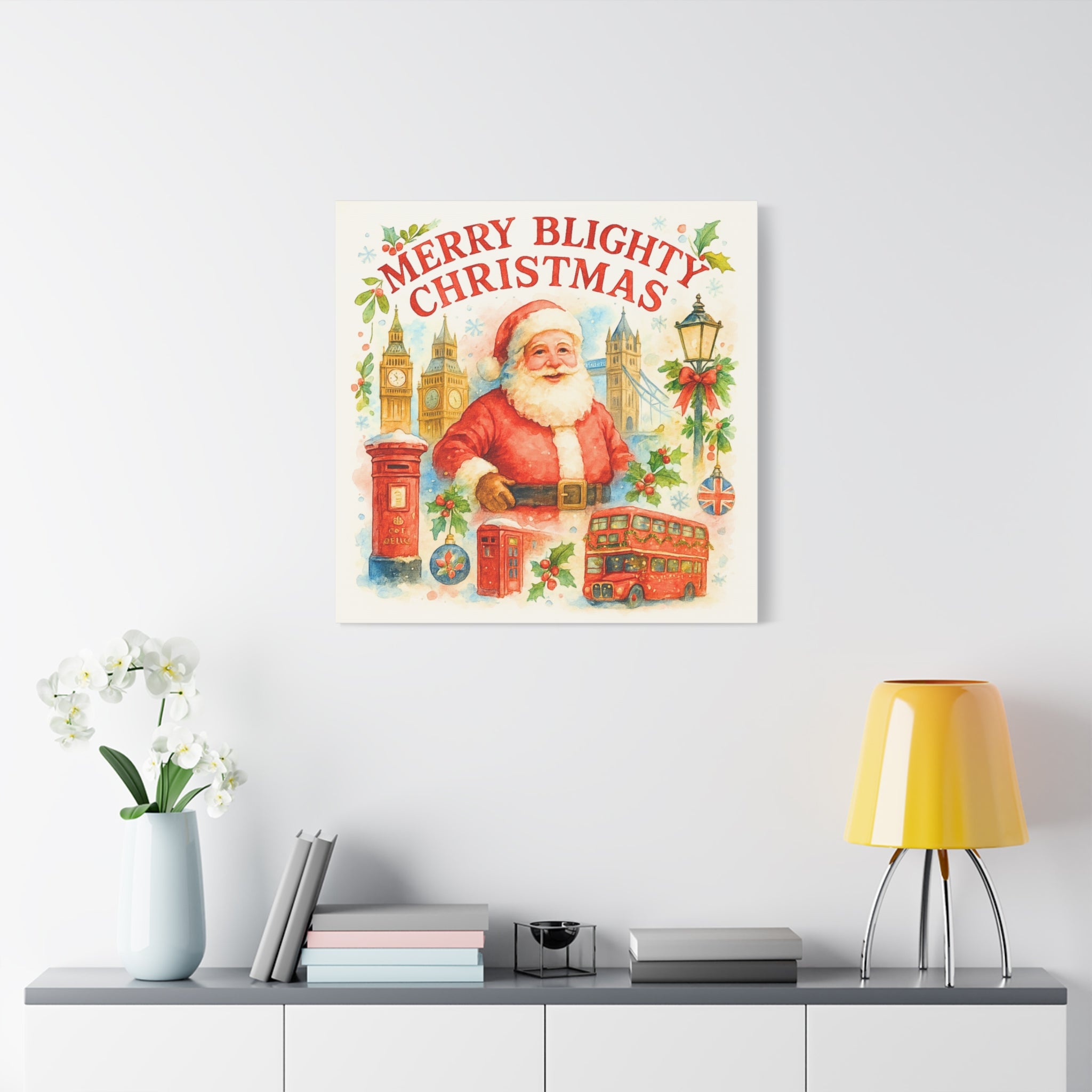 Merry Blighty Christmas Canvas Art - Vintage Watercolour London Scene | British Santa Wall Art | Cozy UK Festive Holiday Decor