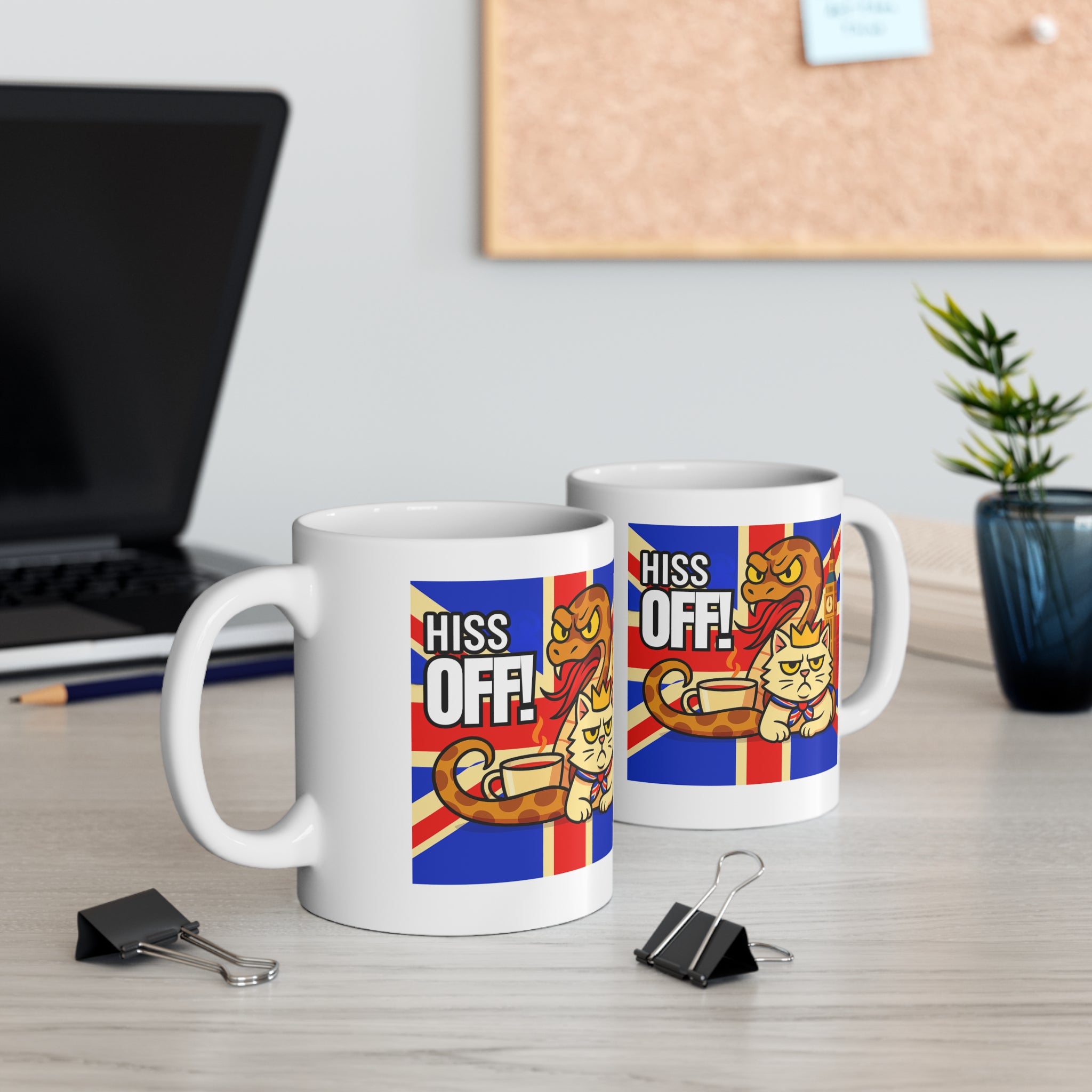 HISS OFF 11oz Mug | Funny British Snake Cat Cartoon | Union Jack Sassy Animal Gift | Snarky UK Humor Coffee Cup | Tea Lover Present
