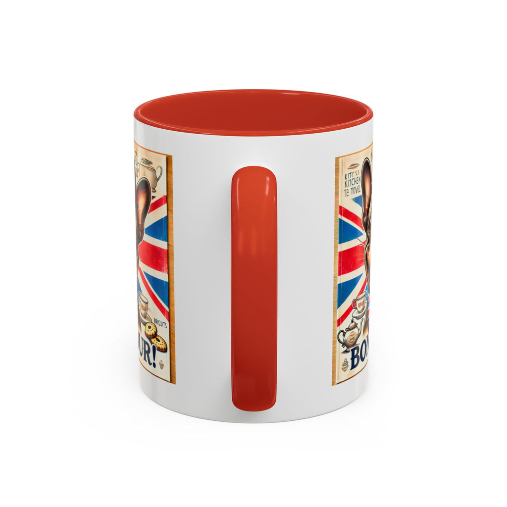 Bone-Jour Frenchie Mug | Funny Dog Lover Accent Coffee Cup | Cute French Bulldog Gift | Whimsical Patriotic Tea Mug | British Kitchen Decor