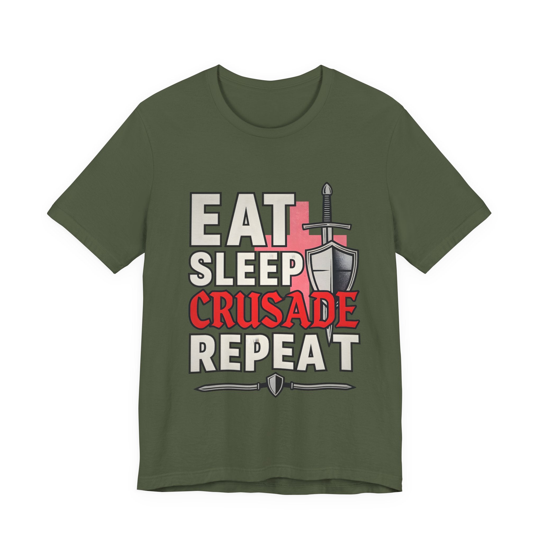 Eat Sleep Crusade Repeat T-Shirt | UK Patriot Medieval Sword & Shield Design | English National Pride Tee