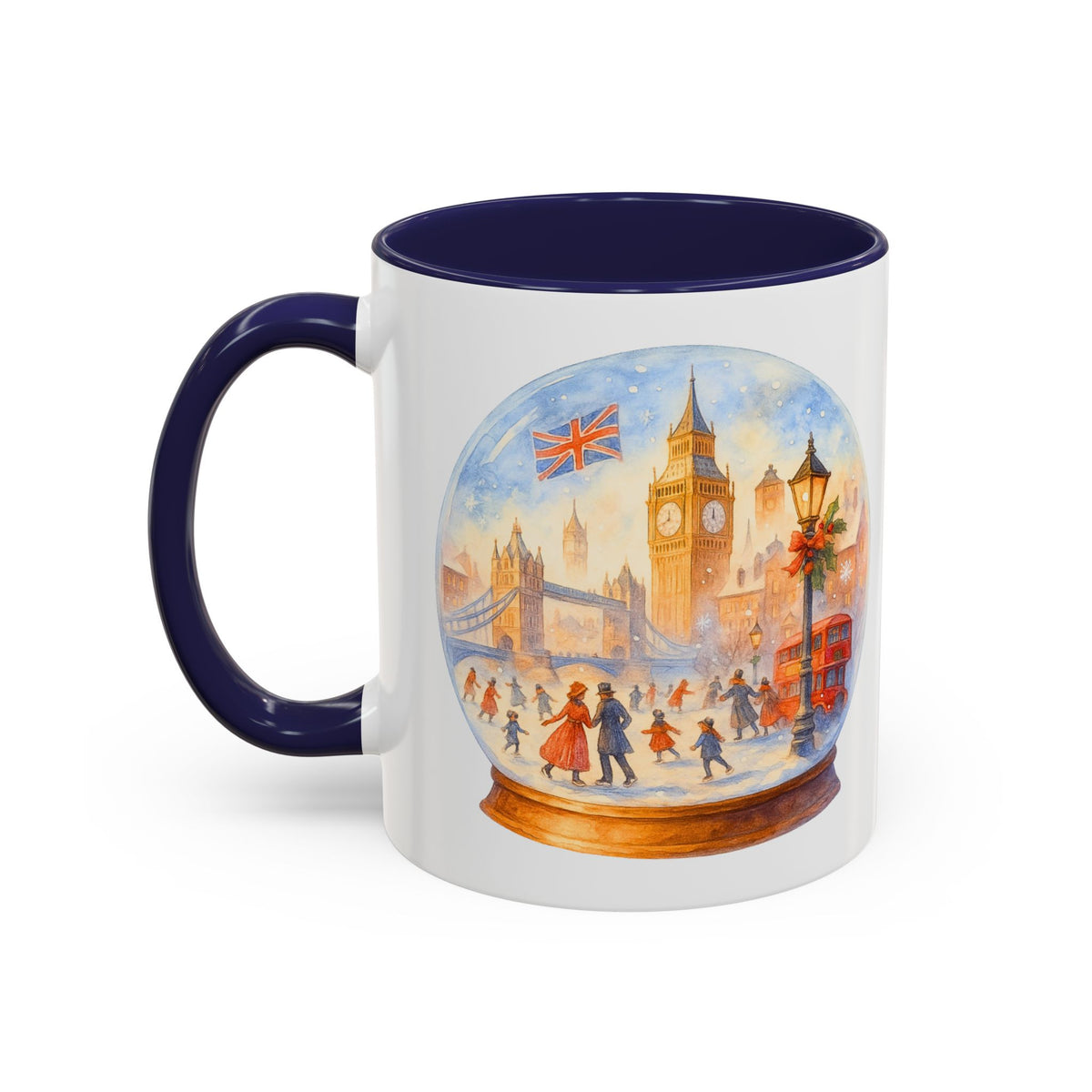 London snowglobe mug with Big Ben, Tower Bridge and red buses, photo 5